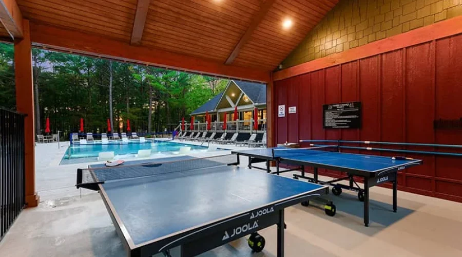 Indoor table tennis area with two tables, overlooking an outdoor swimming pool area with lounge chairs and umbrellas, surrounded by trees.