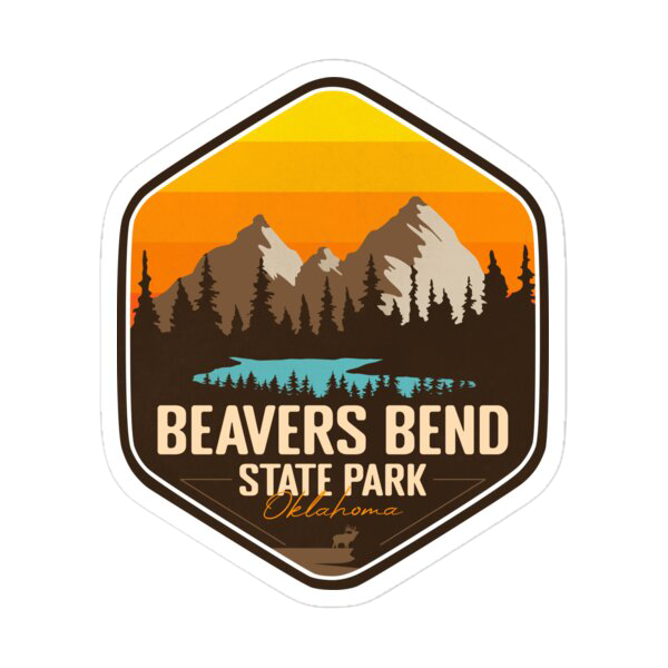 Sticker for Beavers Bend State Park in Oklahoma featuring mountains, trees, a lake, and sunset sky
