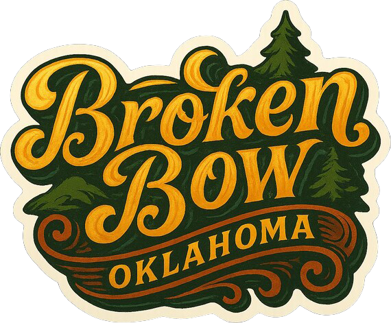 Sticker with the words 'Broken Bow Oklahoma' in stylized yellow and green text, with pine trees in the background.