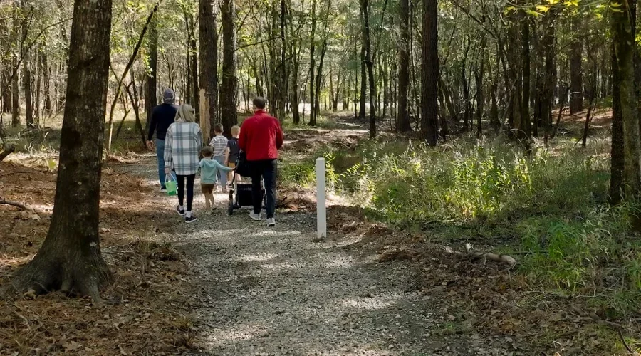 A group of people, including children and adults, are walking along a wooded trail in a forest or park.