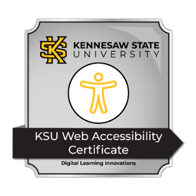 Kennesaw State University Web Accessibility Certificate badge featuring the university logo, a stylized icon, and text.