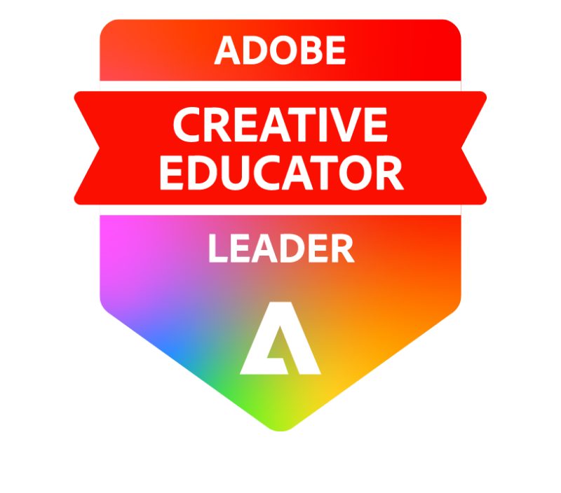 Colorful badge with the words 'Adobe Creative Educator Leader' on it, featuring a rainbow gradient background and a white stylized 'A' at the bottom.