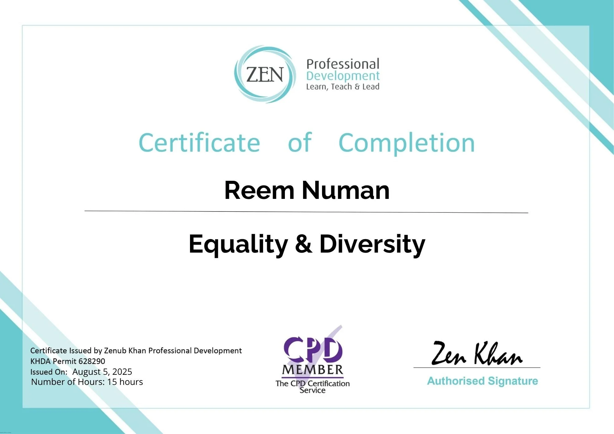 Certificate of completion awarded to Reem Numan for the course 'Equality & Diversity' from Zen Professional Development, issued August 5, 2025.
