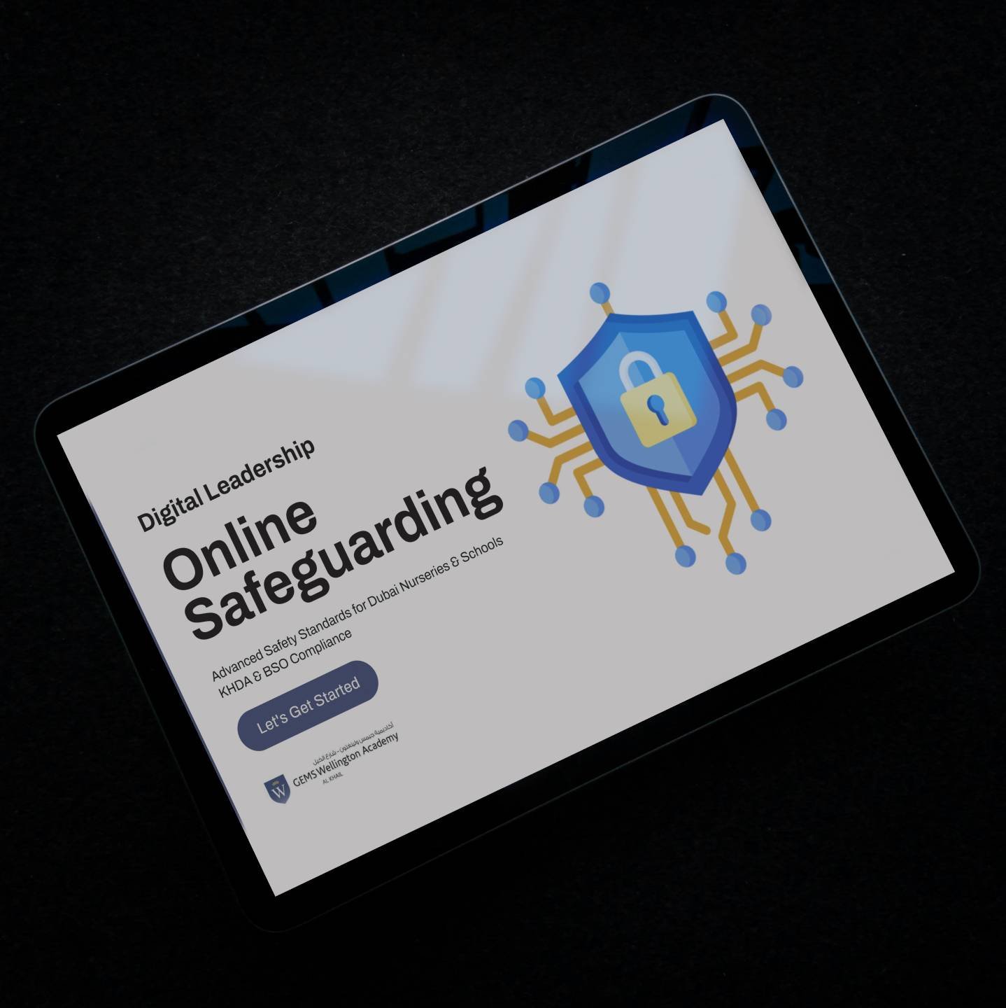 Smartphone screen displaying a webpage titled 'Online Safeguarding' with a shield and lock icon, and a button labeled 'Let's Get Started'.