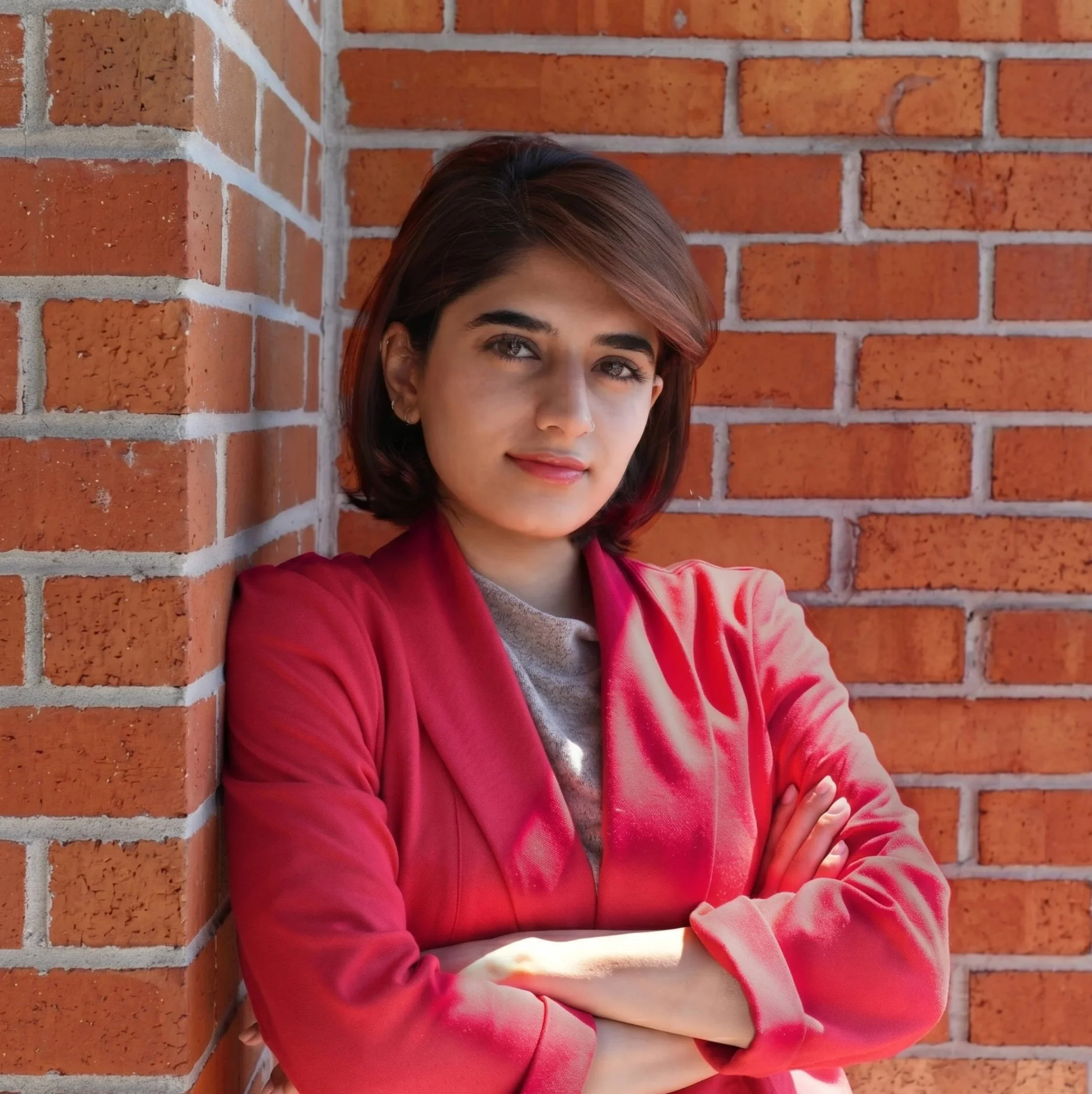 A beautiful woman with short brown hair and honey brown eyes leaning against a brick wall, wearing a red jacket and a gray shirt, with her arms crossed.
