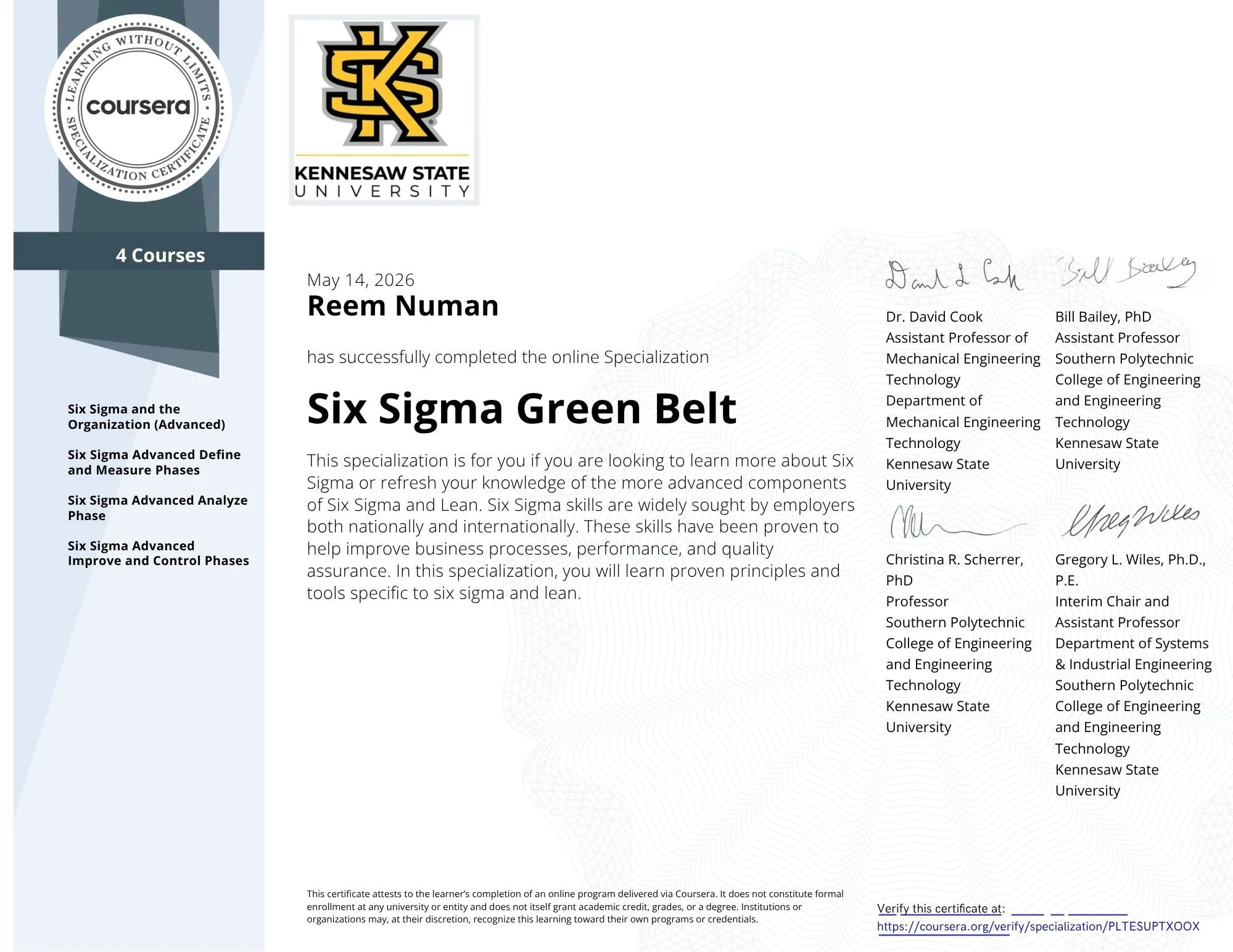Digital certificate for Reem Numan, issued by Kennesaw State University, date May 14, 2026, for completing an online specialization in Six Sigma Green Belt, signed by multiple faculty members, and featuring university logos.