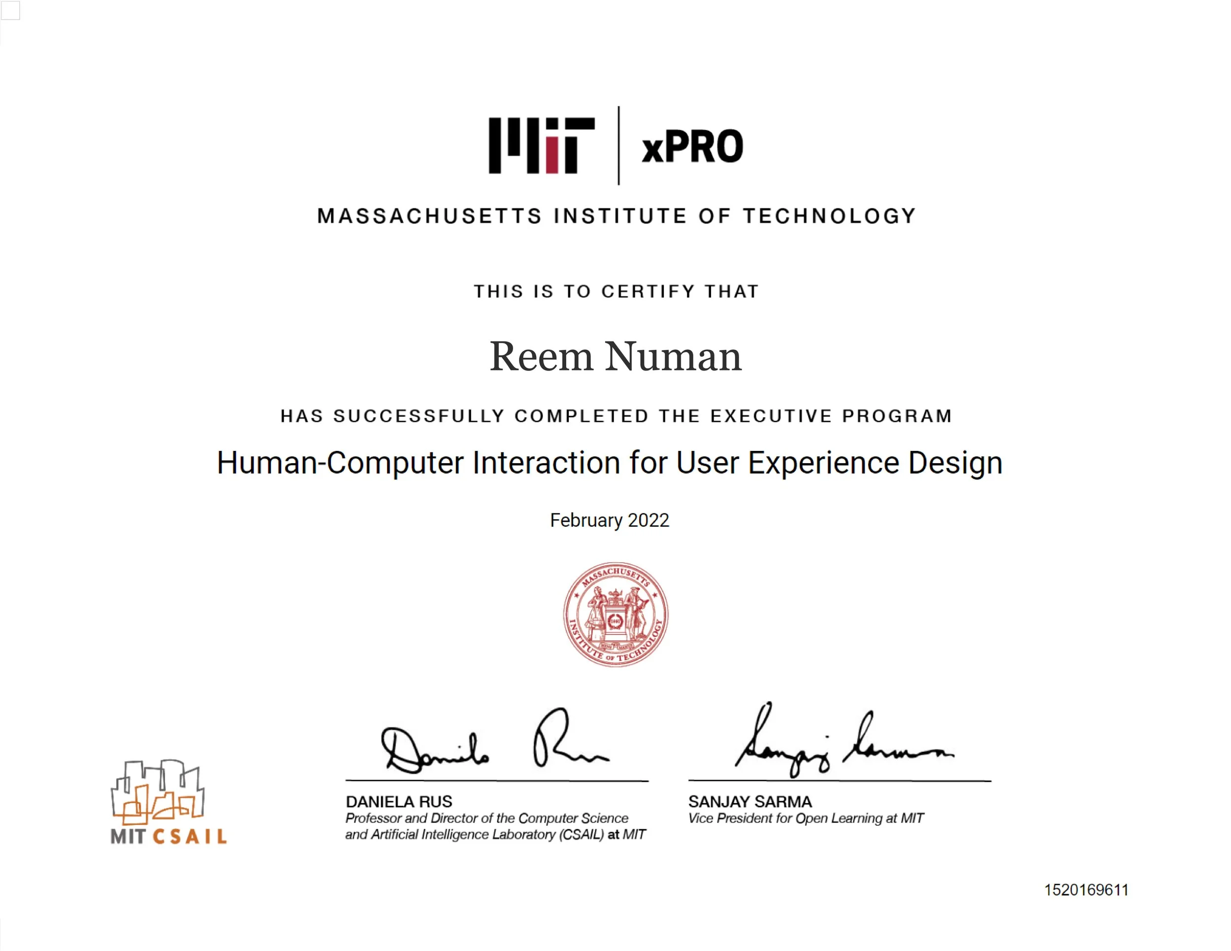 Certificate from MIT Institute of Technology awarded to Reem Numan for completing the Human-Computer Interaction for User Experience Design program, February 2022, with signatures and official seals.