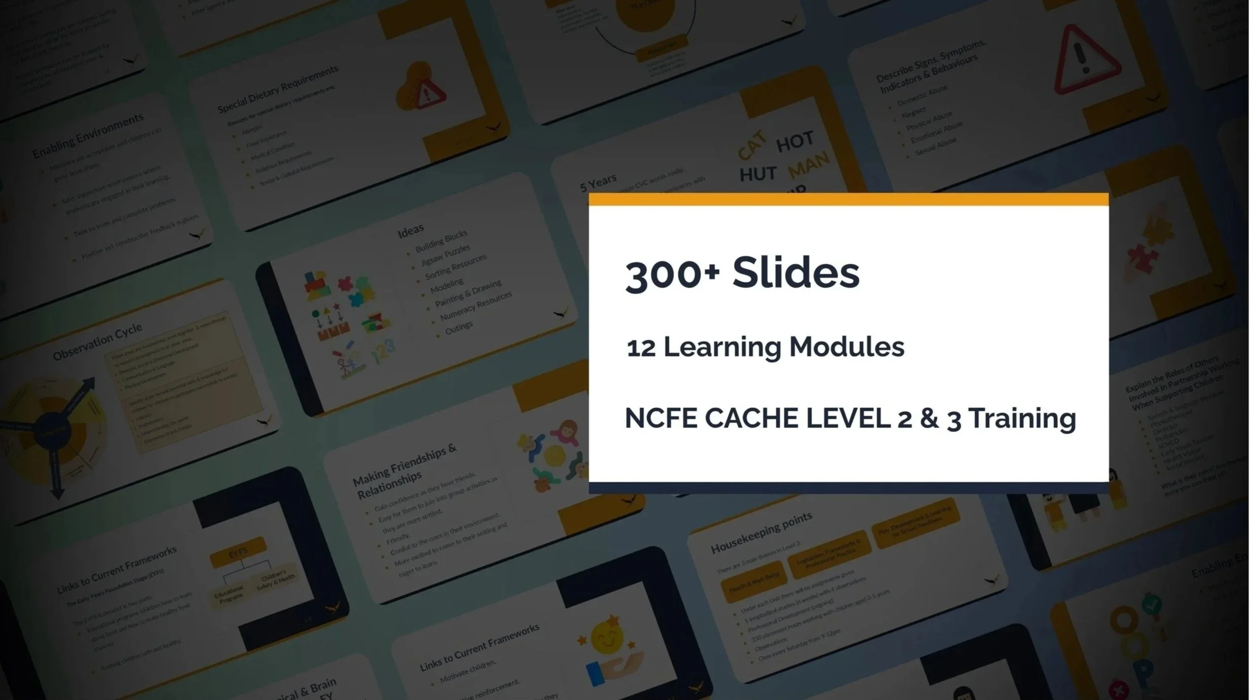 Slide presentation slide with text: "300+ Slides, 12 Learning Modules, NCFE CACHE LEVEL 2 & 3 Training".