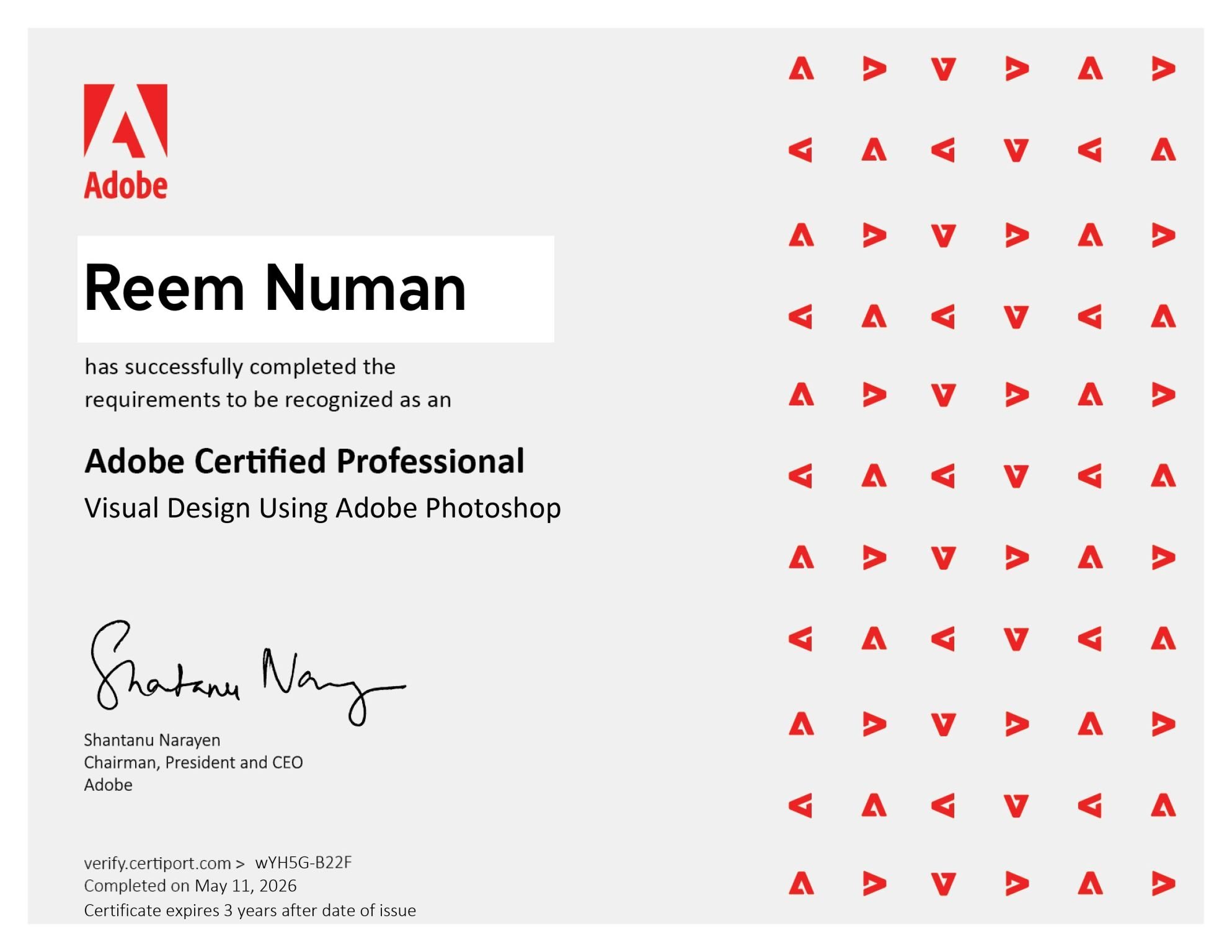 A digital certificate recognizing Reem Numan as an Adobe Certified Professional in Visual Design Using Adobe Photoshop, signed by Shantanu Narayen, with date and verification details, and decorated with the Adobe logo pattern.