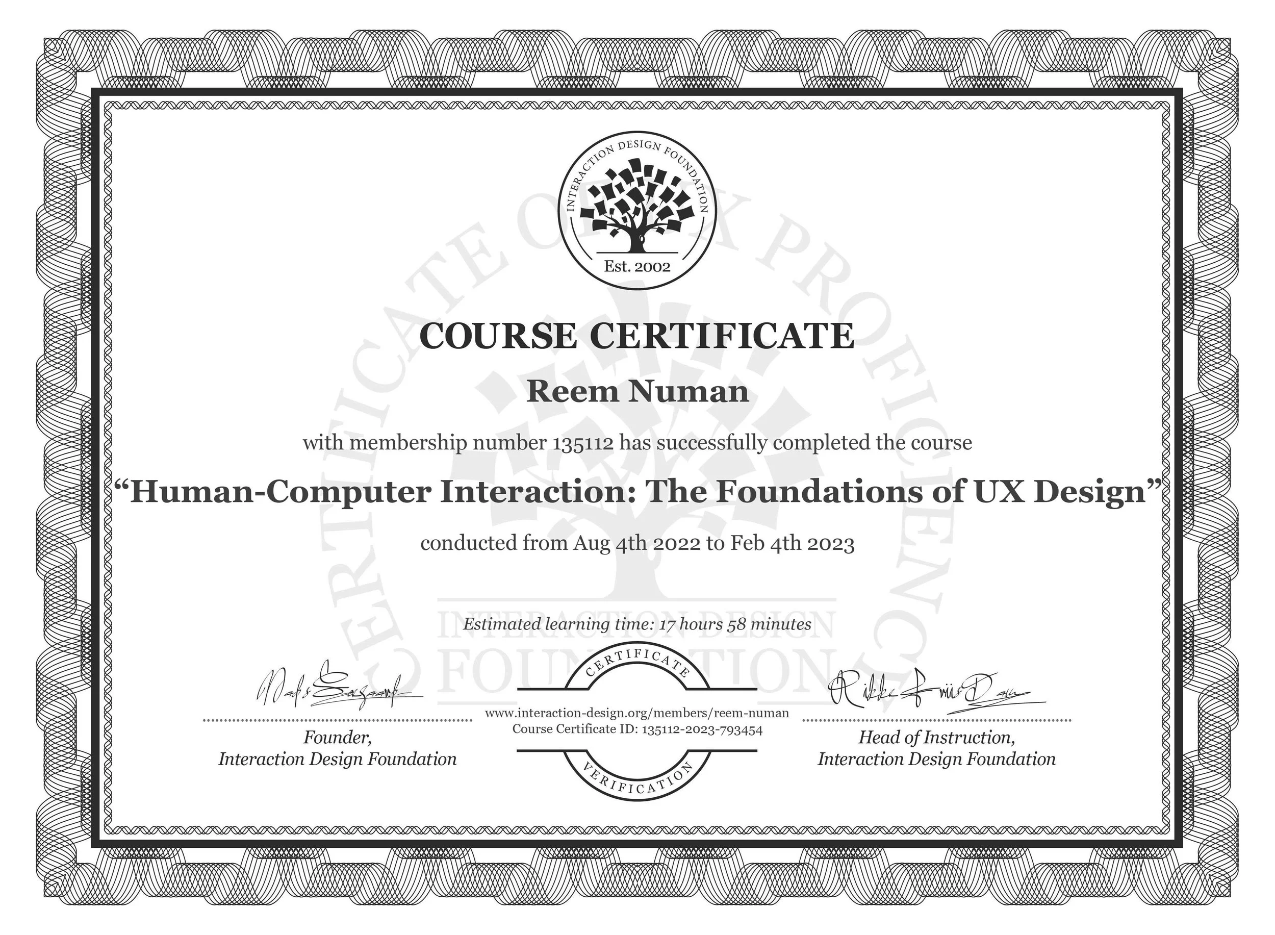 A black and white course certification document for Reem Numan from the Interaction Design Foundation, awarded for completing a course in Human-Computer Interaction: The Foundations of UX Design, conducted from August 4, 2022, to February 4, 2023.