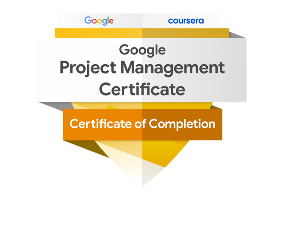 Google Project Management Certificate on a diploma with orange and yellow accents.