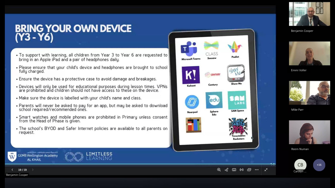 A presentation slide titled "Bring Your Own Device (Y3 - Y6)" with guidelines for students bringing devices to school. It includes a list of instructions and shows app icons such as Microsoft Teams, Seesaw, Padlet, Kahoot, Show Me, Nearpod, Sphero Edu, SAM Space, and Timestables Rockstars. The slide features logos for GEMS Wellington Academy Al Khail and Limitless Learning.