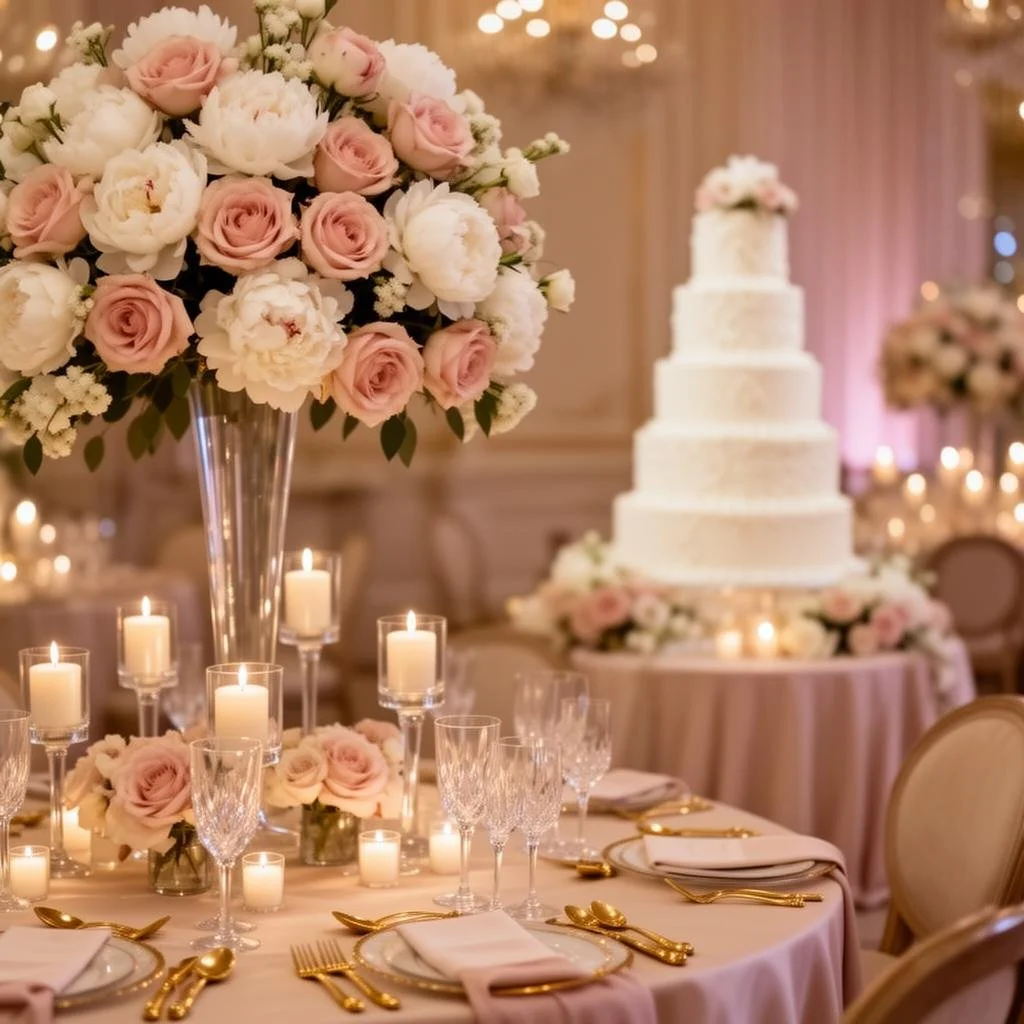 An elegant wedding reception table decorated with a large floral centerpiece of pink and white roses, surrounded by candle holders with lit candles, set for dinner with gold flatware, crystal glasses, and napkins. A tiered wedding cake is visible in the background, also adorned with flowers similar to the centerpiece.