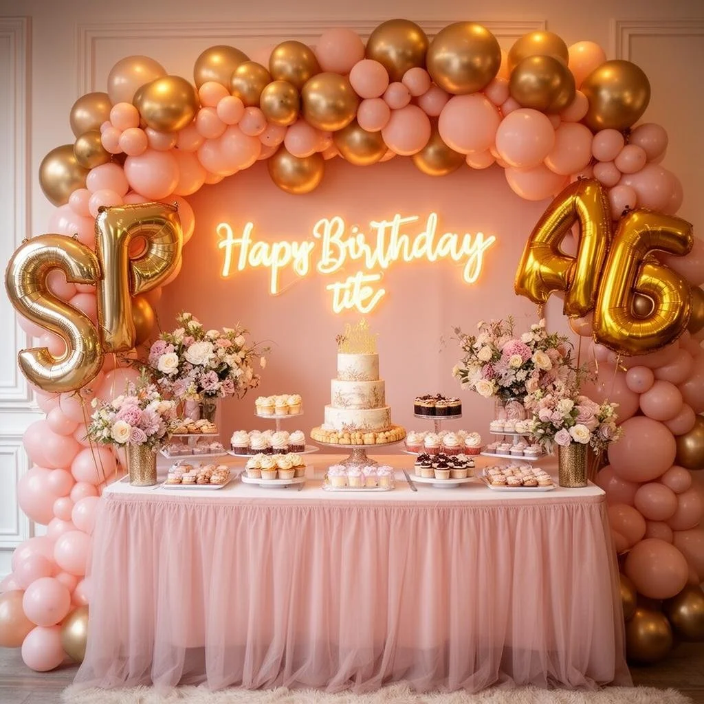 A birthday celebration setup with pink and gold balloons forming an arch, large gold foil balloons spelling 'S' and '6' on either side, and a table with a pink tablecloth holding a tiered white cake, cupcakes, and floral arrangements. There is a neon sign behind the table that reads 'Happy Birthday' with some letters missing.