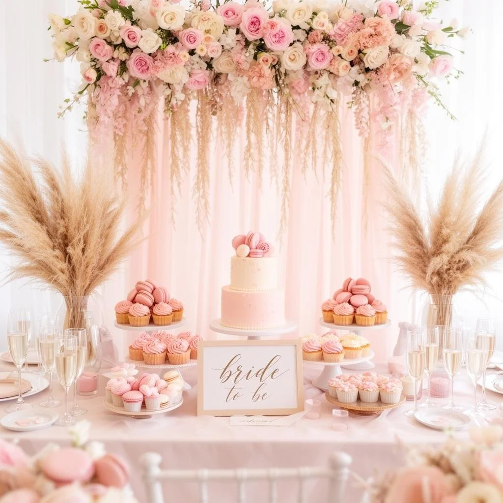A bridal shower dessert table decorated with pink and white flowers, a two-tiered cake topped with pink macarons, and cupcakes adorned with pink frosting. Gold pampas grass arrangements are placed on each side, and a sign reads 'bride to be.' The table is set with champagne glasses and pink accents.