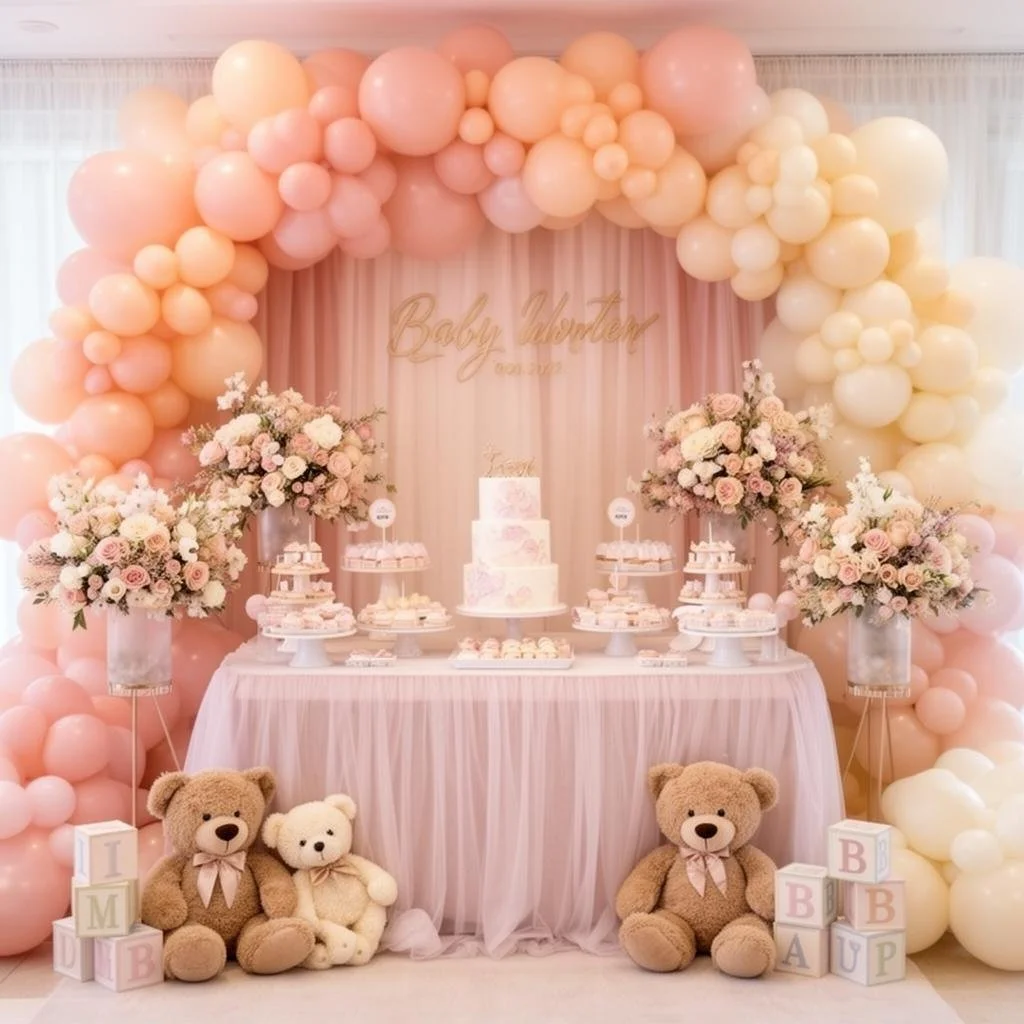 Pink and cream balloon arch with pastel-colored flower arrangements, a pink draped backdrop with 'Baby Monten' gold sign, a table with a pink cake and treats, and teddy bears with blocks spelling 'I'm B' and 'B Up' for a baby shower or celebration.