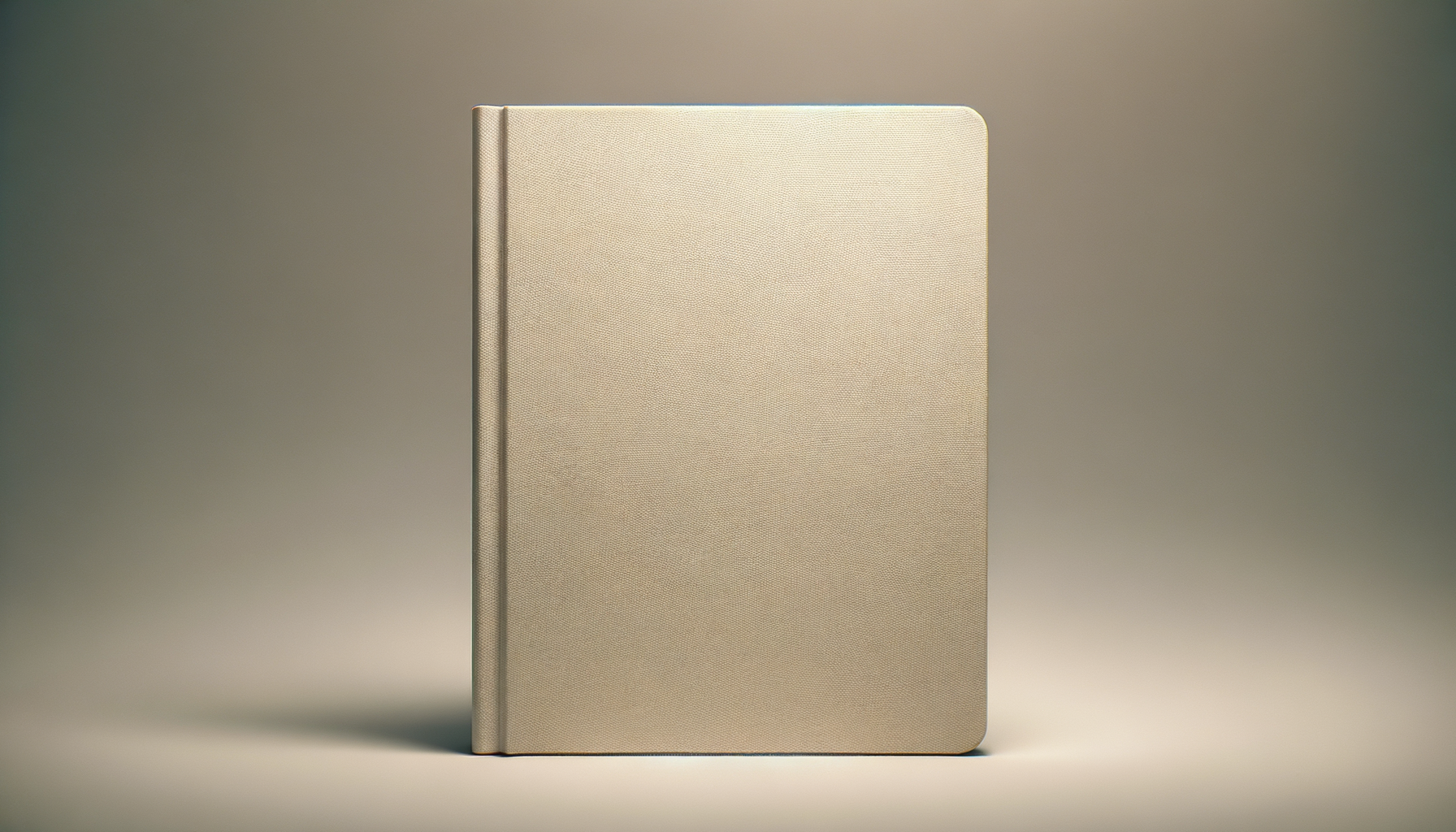 A beige hardcover notebook with rounded corners standing upright against a gradient background.