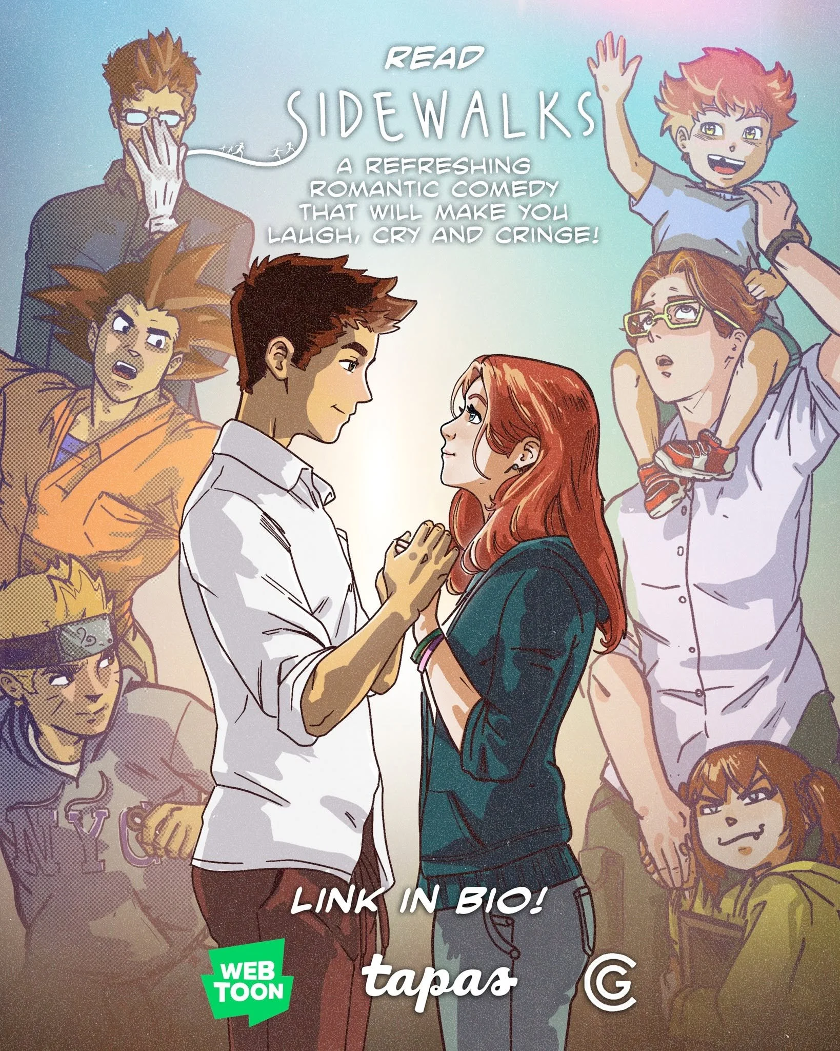 Comic-style illustration of various characters, including a boy and girl holding hands in the center, surrounded by other characters, with text promoting a romantic comedy called 'Sidewalks' and a link in bio.
