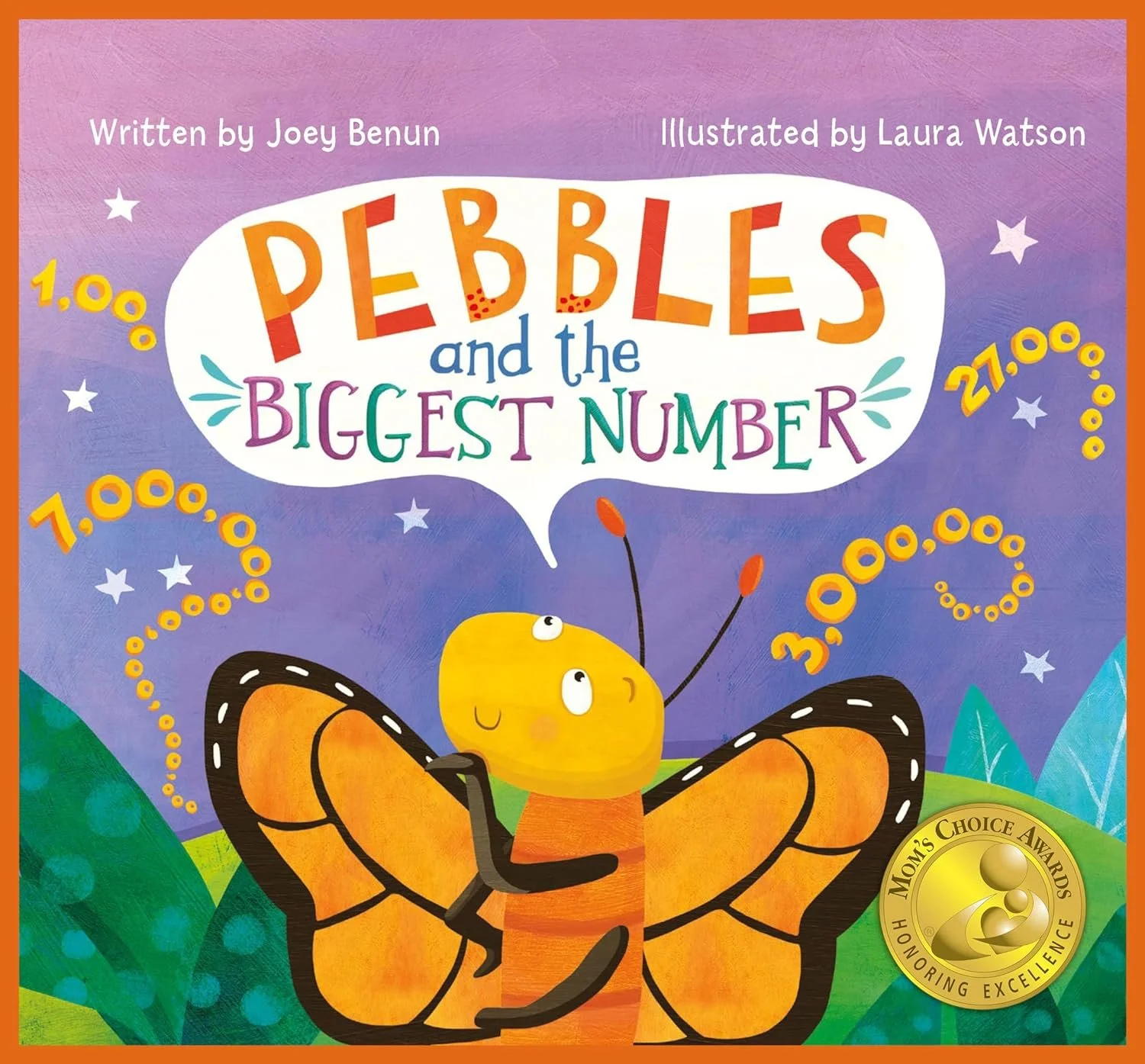 Children's book cover titled 'Pebbles and the Biggest Number' featuring a smiling orange butterfly with black and white spots, flying over green hills and purple sky with stars, and displaying large colorful numbers around it.