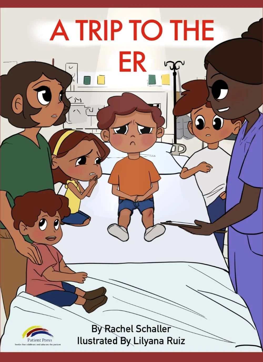 Children and a nurse gathered around a sick child in hospital bed, with a worried expression.
