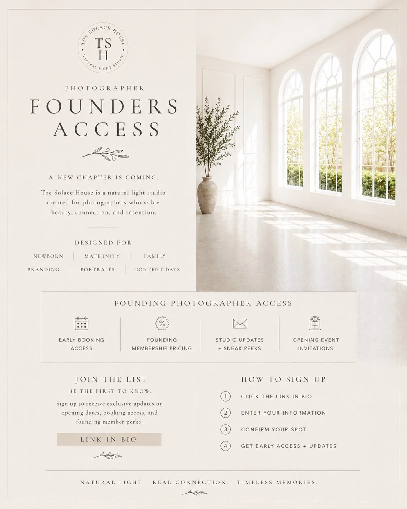 Founding Photographer Access is officially open ✨

The Solace House is a natural light studio coming to Colleyville, TX. Thoughtfully designed for photographers and their clients with softness, connection, and timeless imagery in mind.

This space is