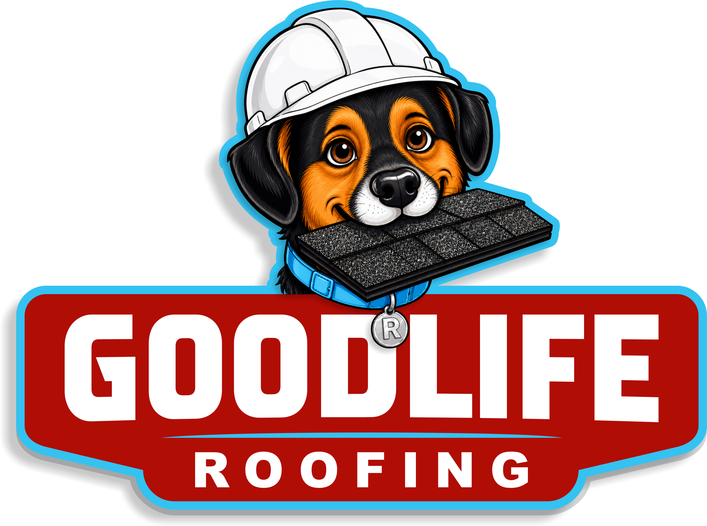 A cartoon dog wearing a white hard hat with a blue outline, holding a roof shingle in its mouth, positioned above a red and white 'GODLIFE ROOFING' sign with a red background.
