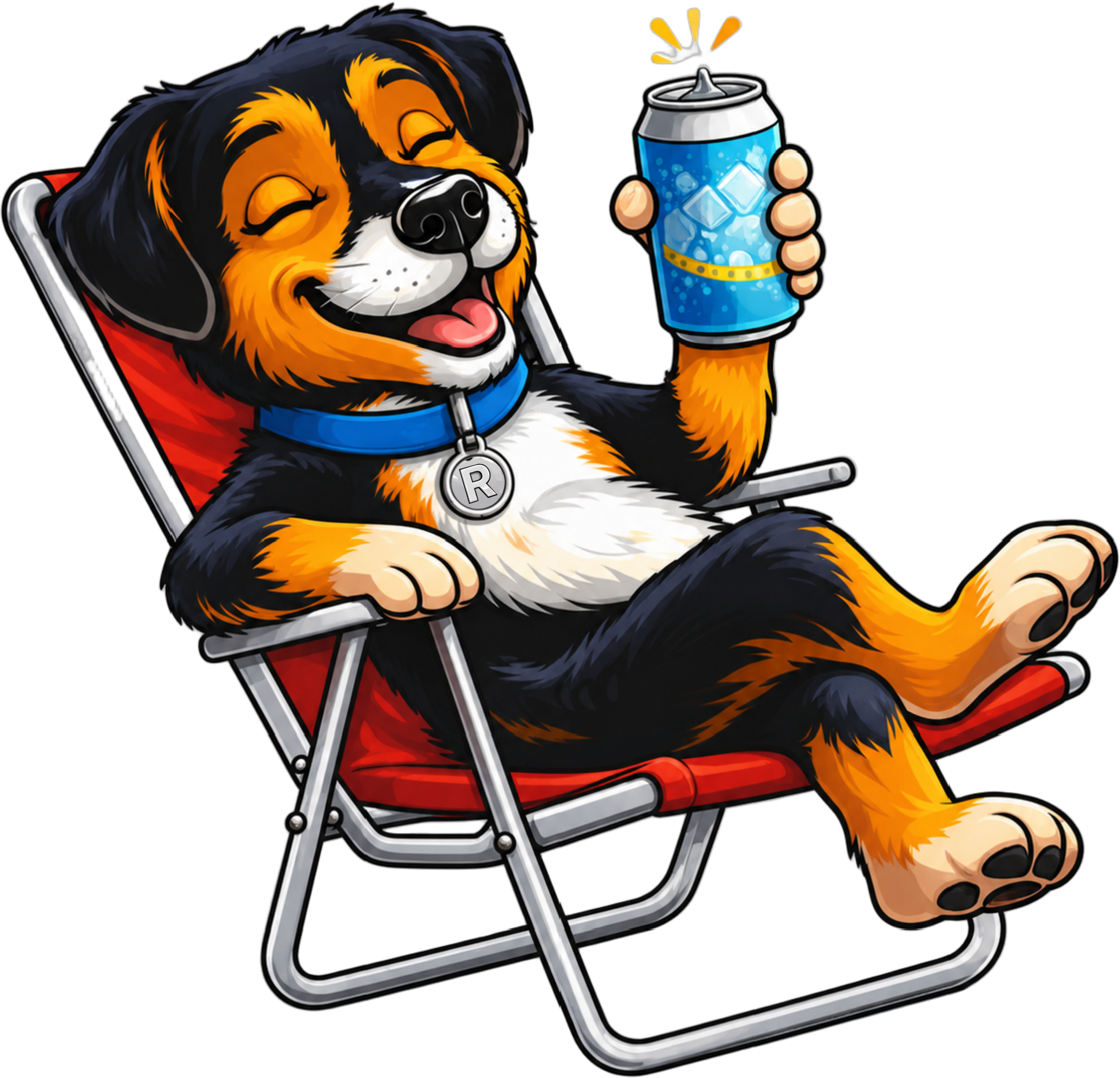 Cartoon image of a happy dog with closed eyes and tongue out, sitting on a lawn chair, holding a can of soda in one paw.