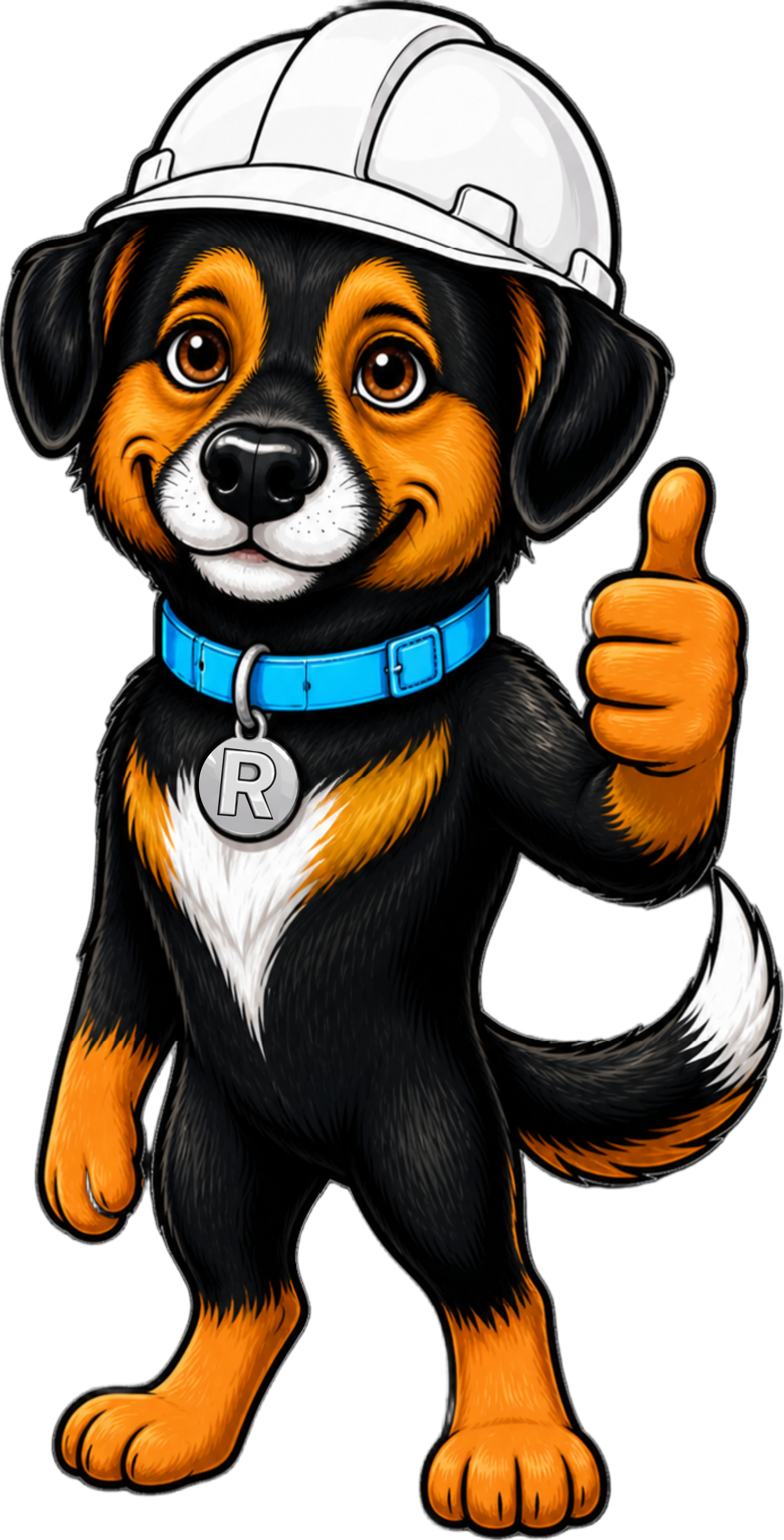 Cartoon dog wearing a white construction helmet, blue collar with a round tag with an 'R', giving a thumbs up.