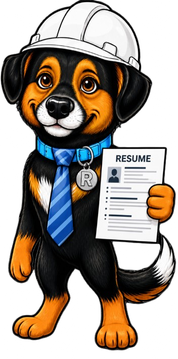 Cartoon dog dressed as construction worker, wearing a white hard hat, blue tie, and holding a resume in its paw.