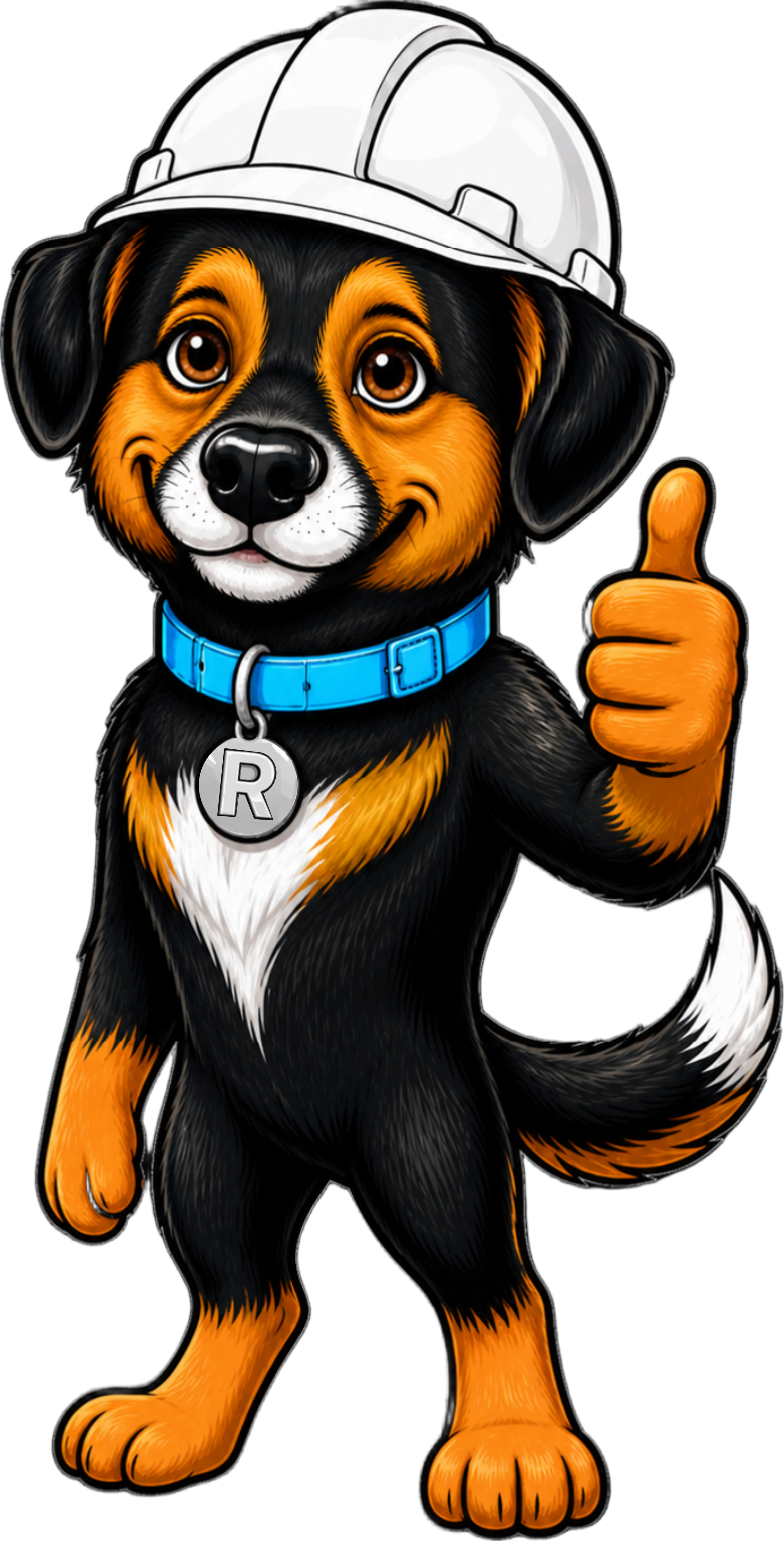 A cartoon dog wearing a white construction helmet, blue collar with an round tag labeled 'R', and giving a thumbs up.