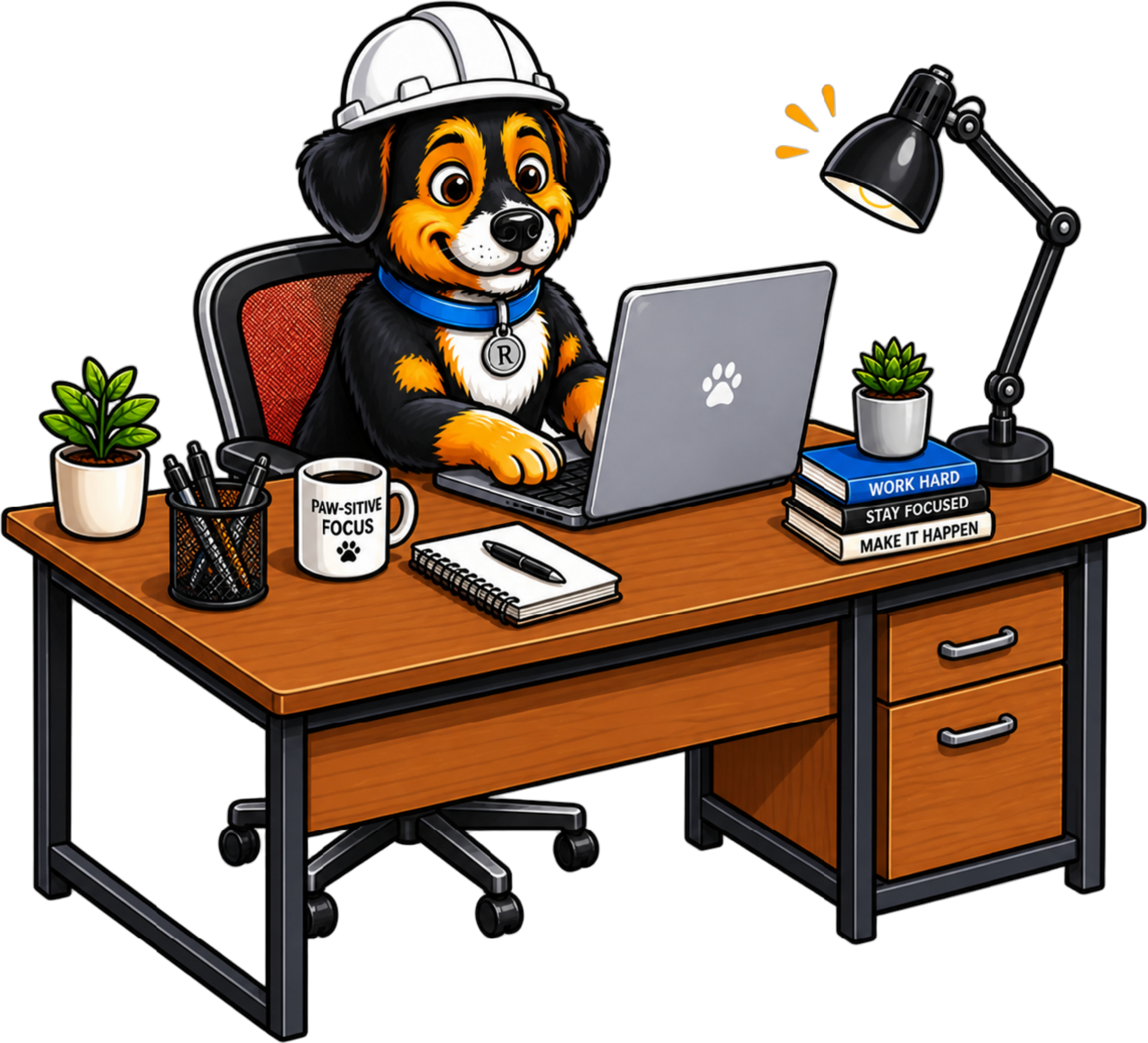 Cartoon dog wearing a white construction helmet sitting at a wooden desk with a laptop, plants, and books about work and focus, illuminated by a desk lamp.