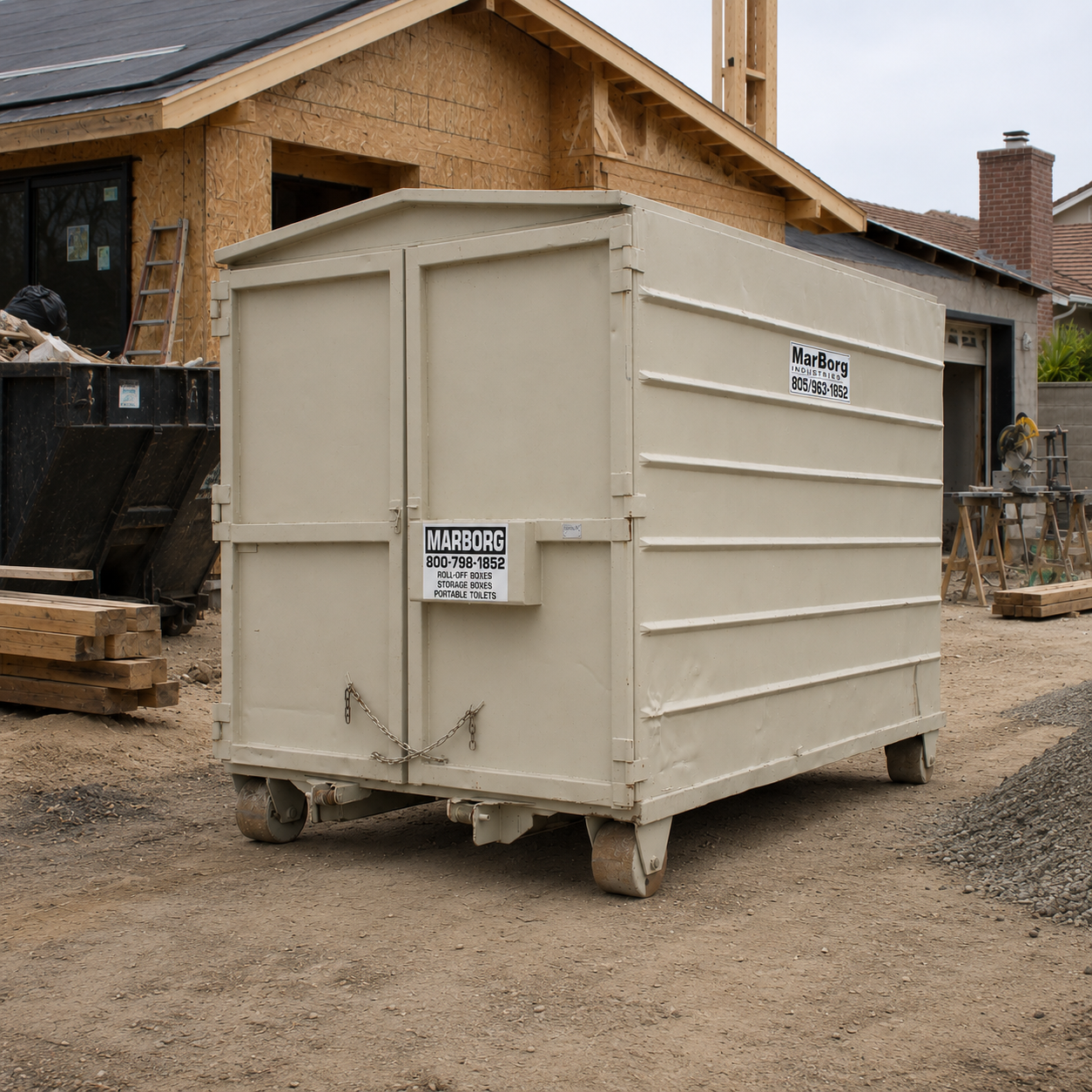Construction site with a beige storage container on dirt ground, surrounded by building materials, a dumpster, and a partially built house in the background.