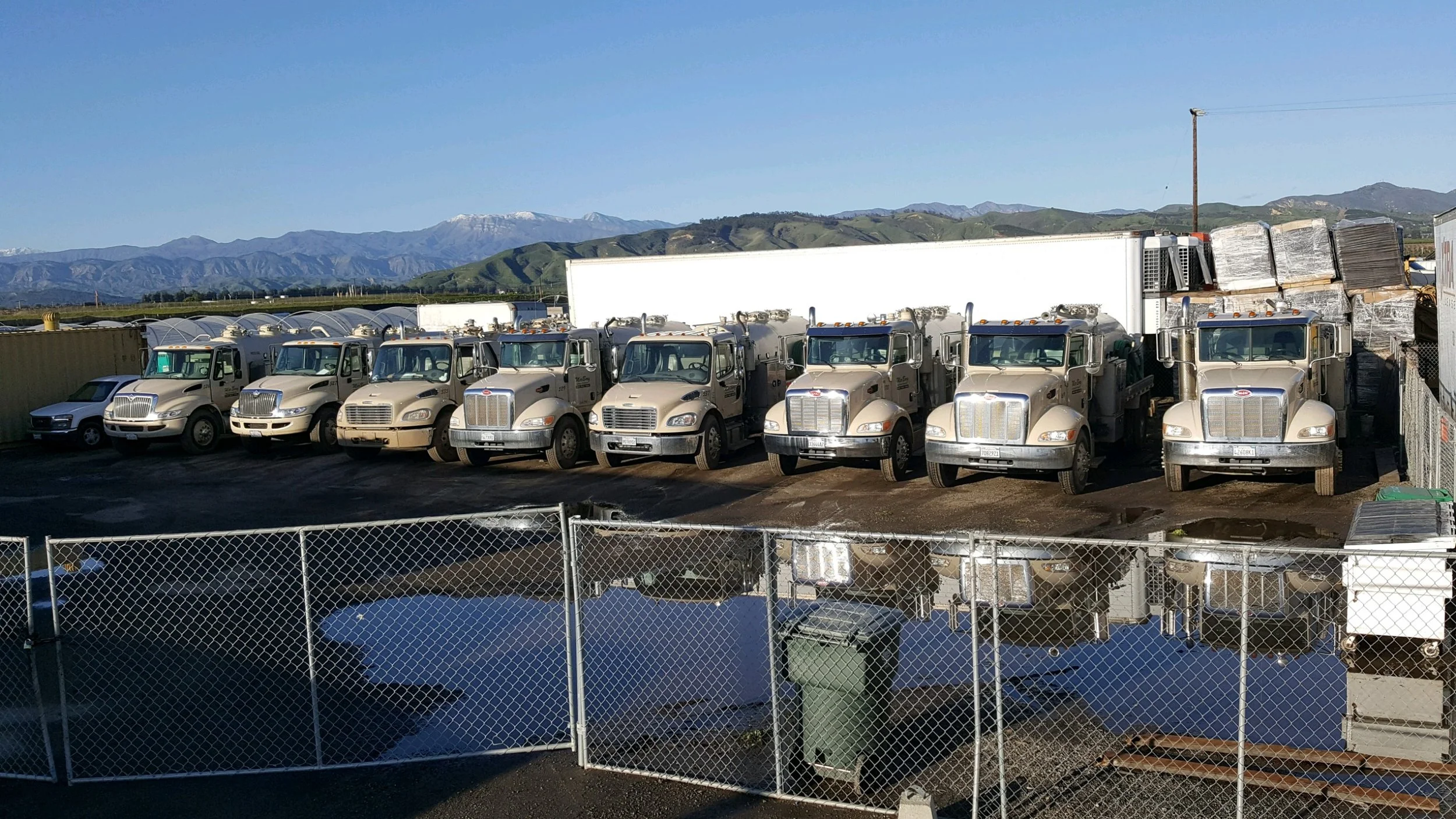 A row of beige semi-trucks and one white car parked behind a chain-link fence with green hills and mountains in the background on a clear day.