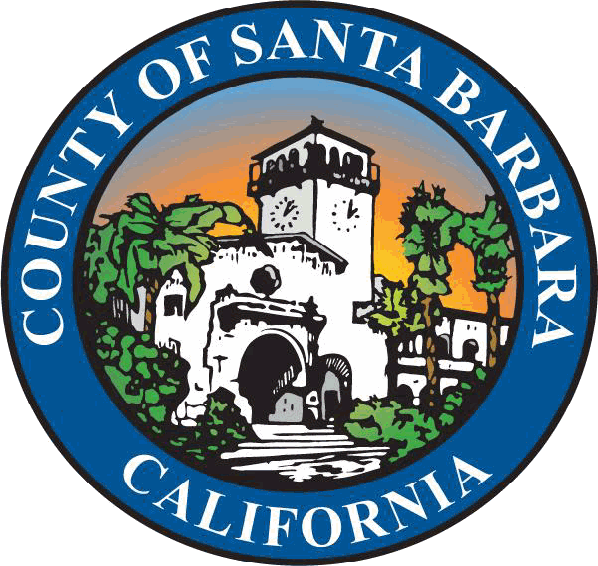 Seal of Santa Barbara County, California, featuring a historic mission building with a tower, surrounded by greenery and an orange sky.
