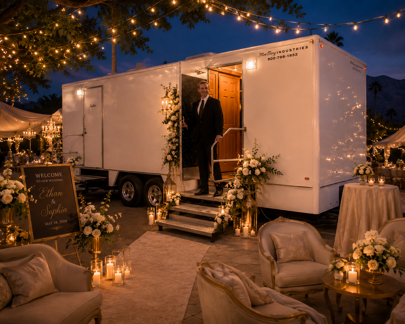 A wedding scene with a man in a suit exiting a luxury restroom trailer with flowers and candles, surrounded by decorated tables and chairs, with string lights overhead, during evening twilight.
