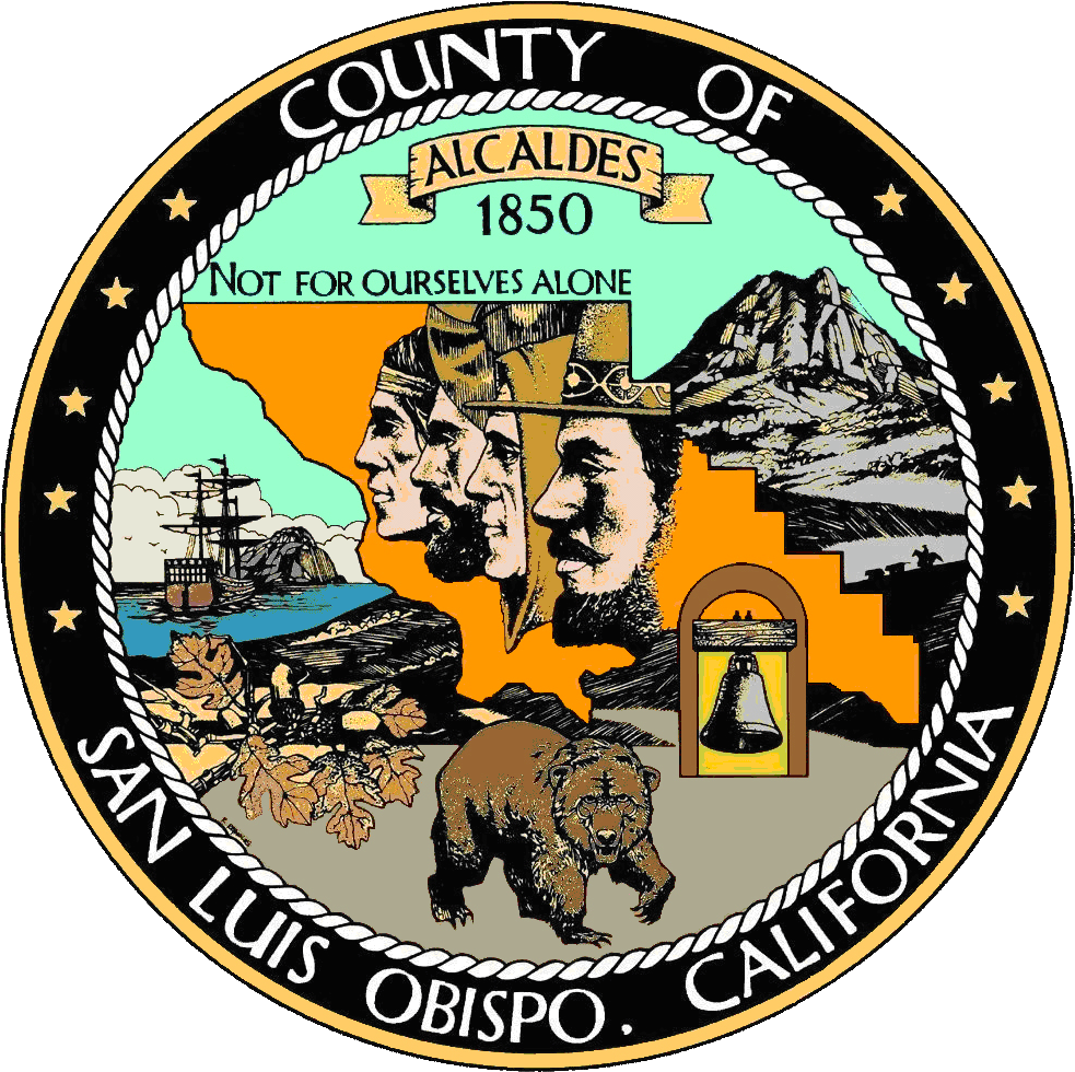 Emblem of San Luis Obispo County, California, featuring local symbols and historical figures, including mountains, a ship, a grizzly bear, a bell, and portraits of Native American, Spanish, and American pioneers, with the text "County of San Luis Obispo California," "Alcaldes 1850," and the motto "Not for ourselves alone."