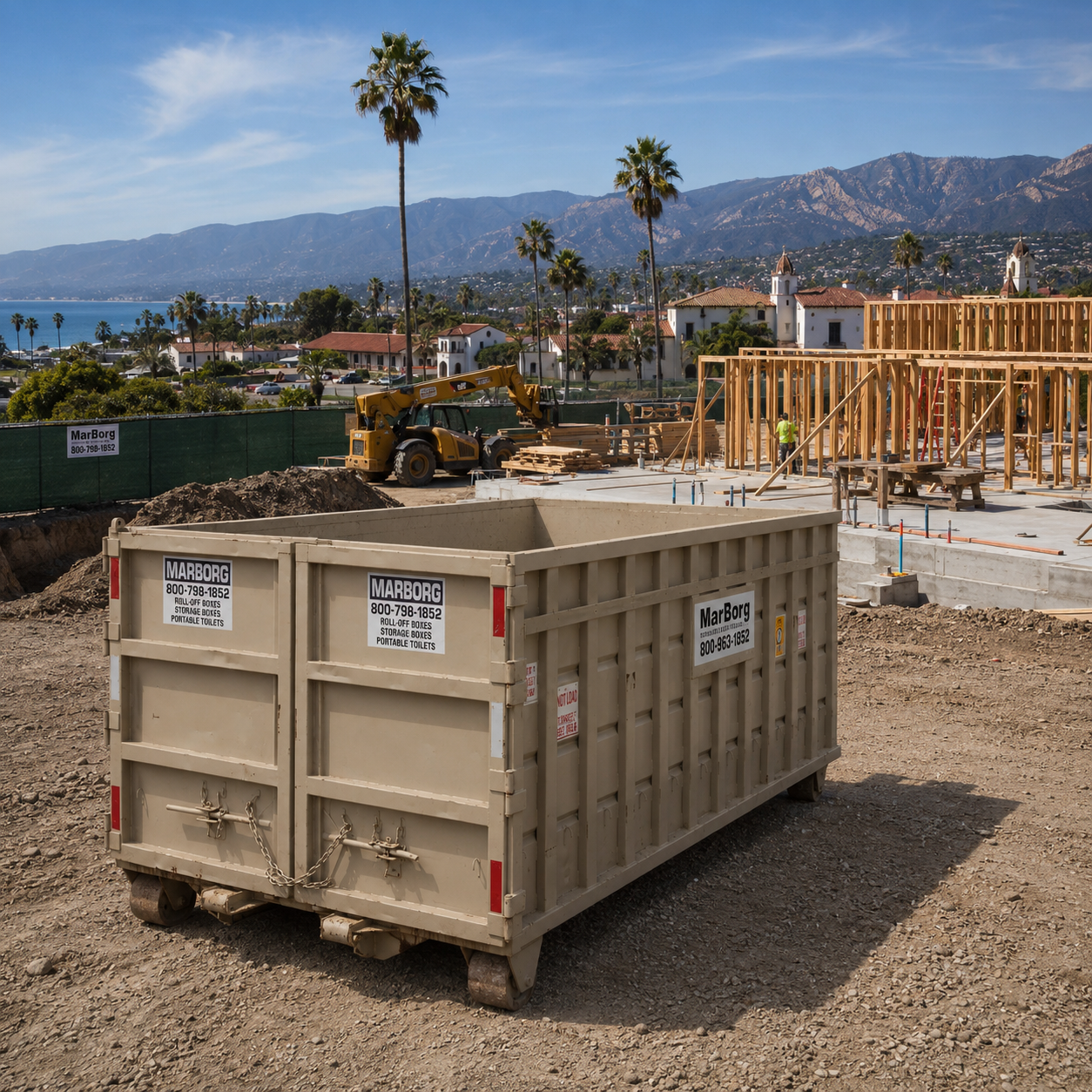 Construction site with portable toilets and storage containers, with a partially built building in the background.