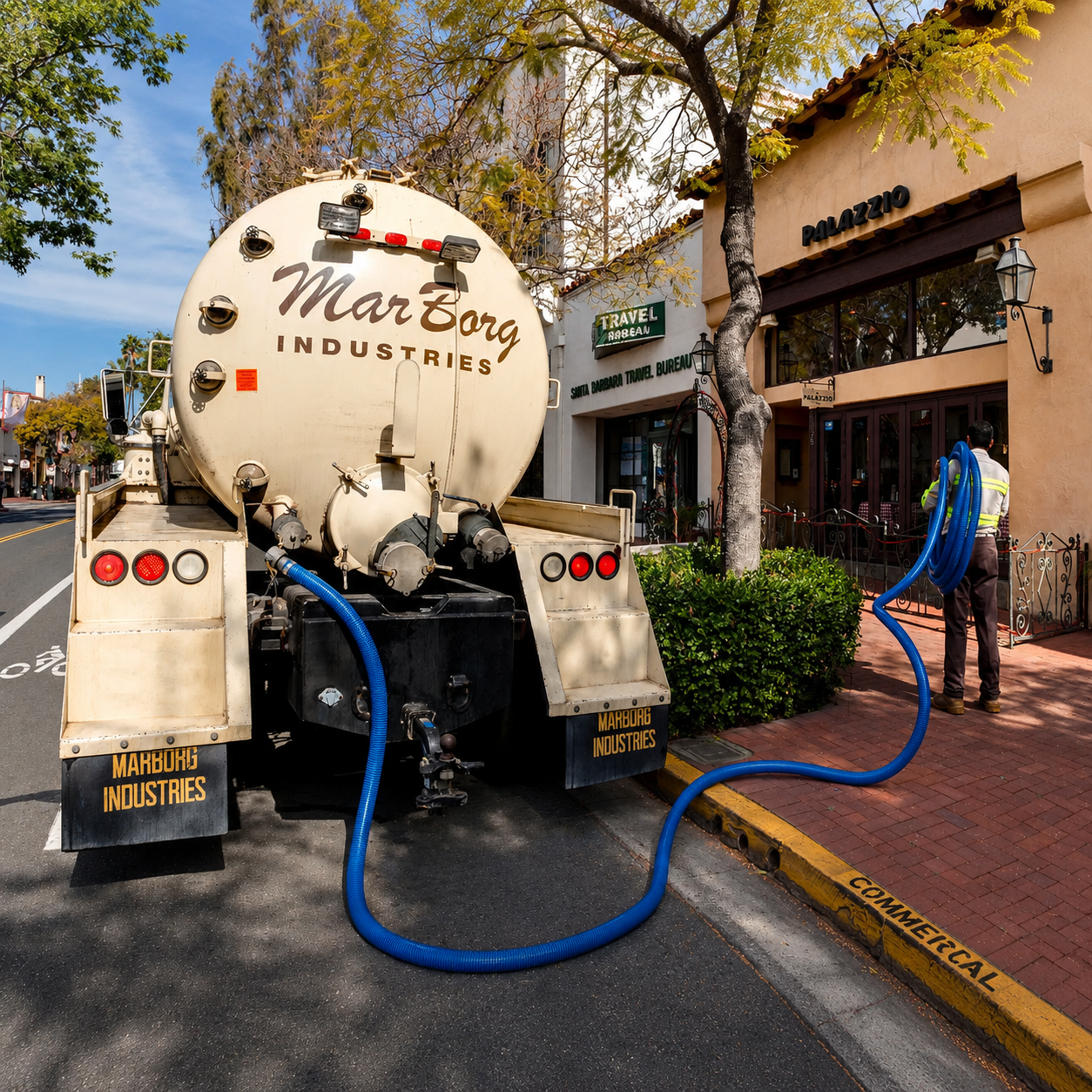A large tanker truck labeled "Marborg Industries" is parked on the street, with a worker managing blue hoses connected to it. The truck is near a sidewalk with a man in safety gear holding another hose, outside a building with signs for "Palazzo" and a travel bureau. There are trees and storefronts in the background.
