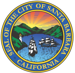Seal of the City of Santa Barbara, California, featuring a sunset over mountains, a lighthouse, and ships on the water.