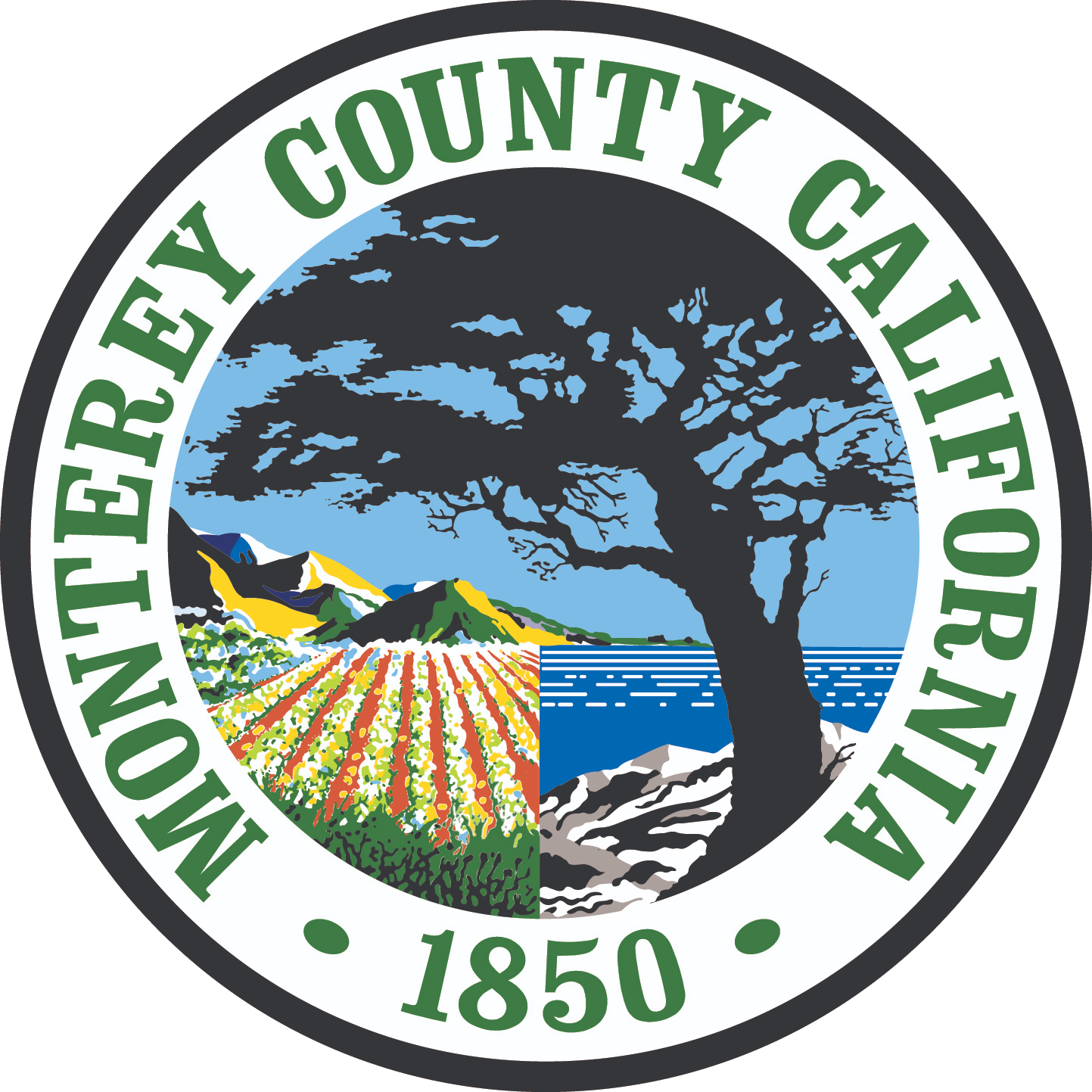 Seal with a panoramic landscape divided into four sections, featuring mountains, flowers, a large tree, and water, with green border and text reading "Monterey County California" and "1850".
