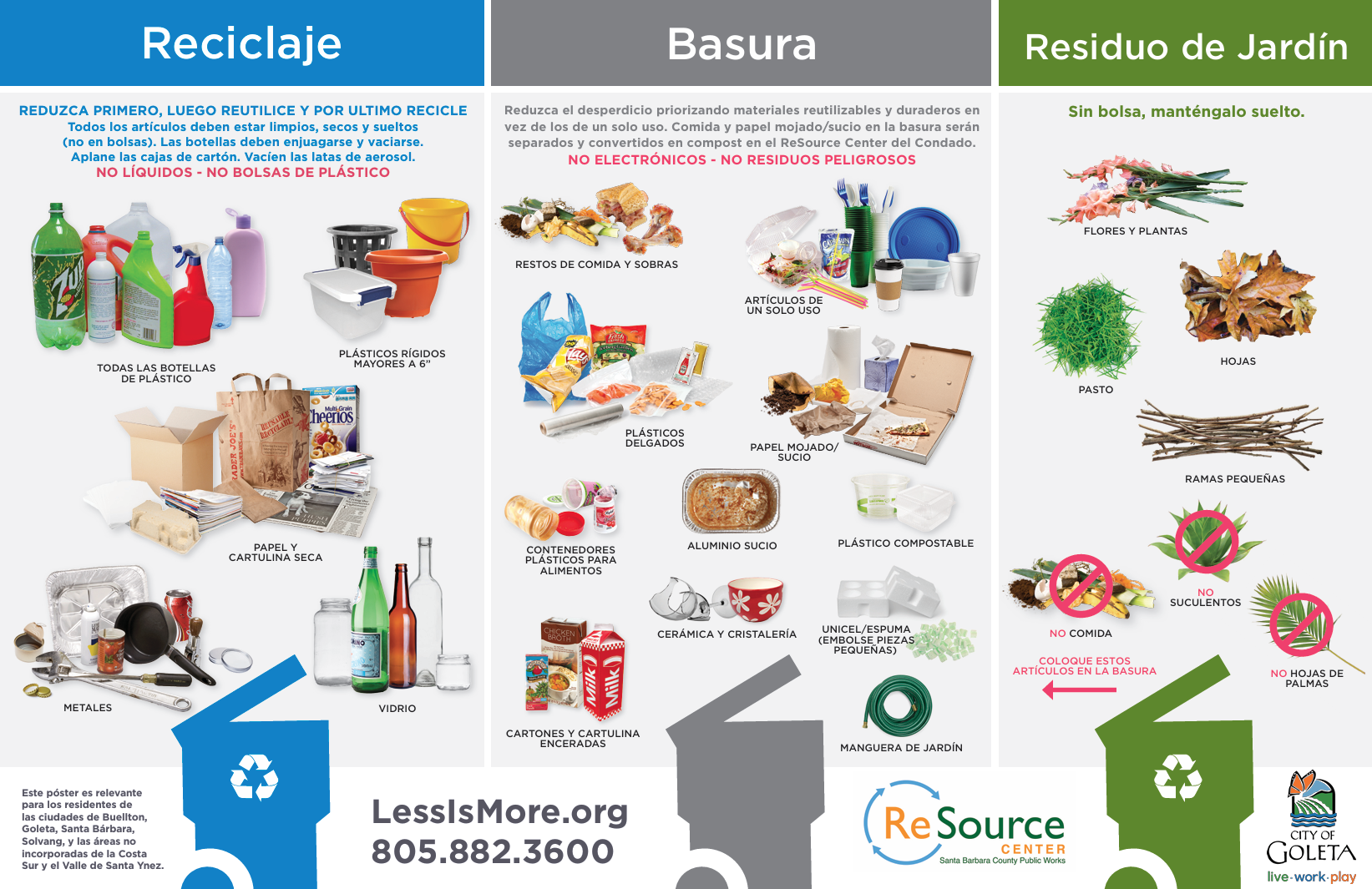Environmental recycling guide in Spanish showing three categories: recycling, trash, and garden waste. The recycling section depicts plastic bottles, rigid plastic containers, paper and cardboard, metals, glass, and labeled items. The trash section illustrates food and trash leftovers, single-use items, and dirty or spoiled food containers, with warnings against electronic waste and hazardous waste. The garden waste section displays flowers, leaves, small branches, no succulent plants, no palm leaves, and contains instructions to keep it loose and without bagging.