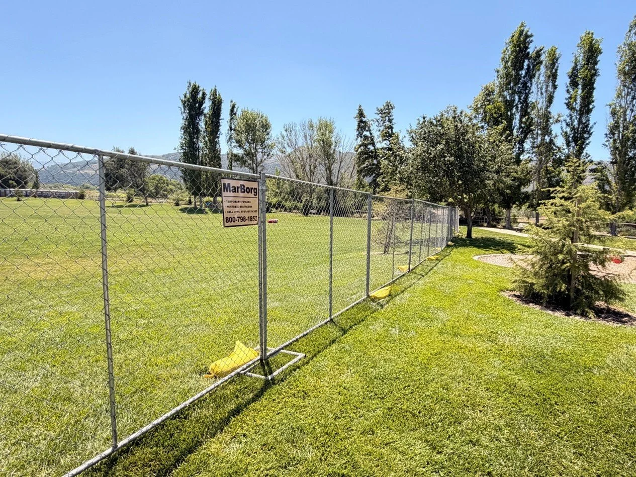 Close-up view of a weathered chain-link fence with a blurred background of grass and trees.