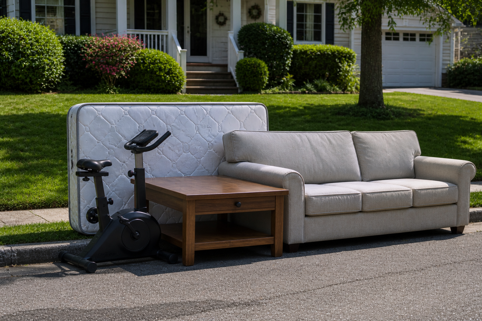 Discarded furniture on the curb: mattress, sofa, side table, and exercise bike on a residential street.