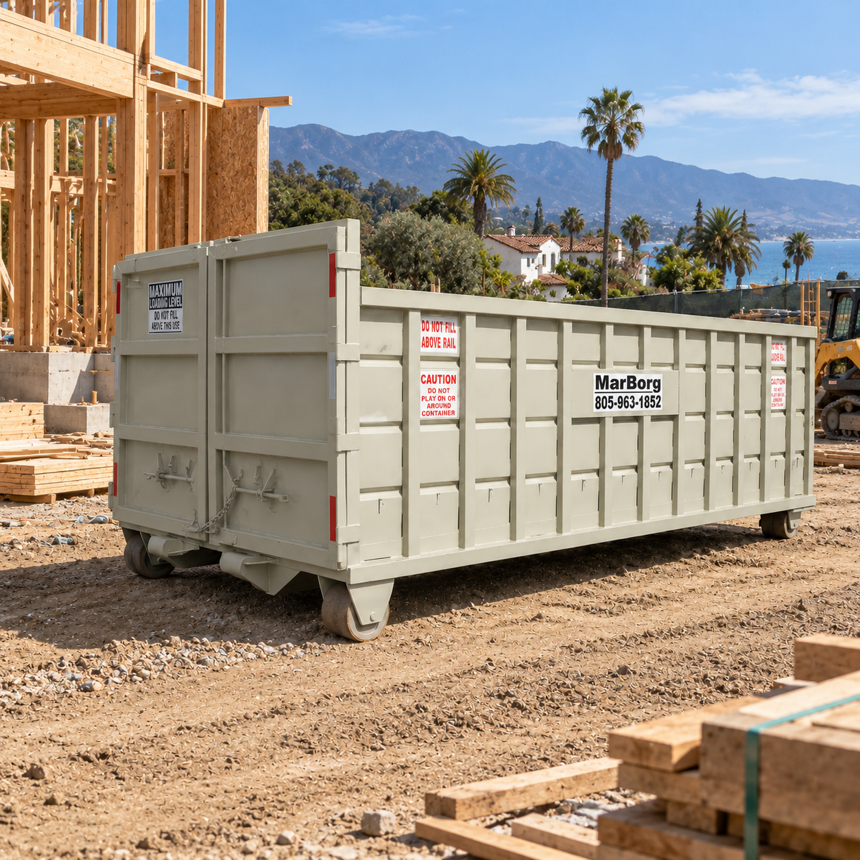 Multiple portable toilets and storage containers at a construction site with a building under construction in the background.