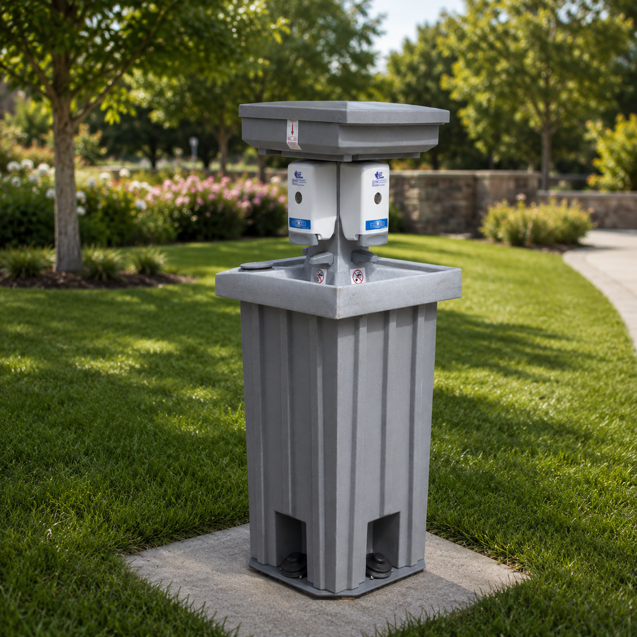 A public water fountain with two faucets, situated in a park with green grass, trees, and pink flowers in the background.