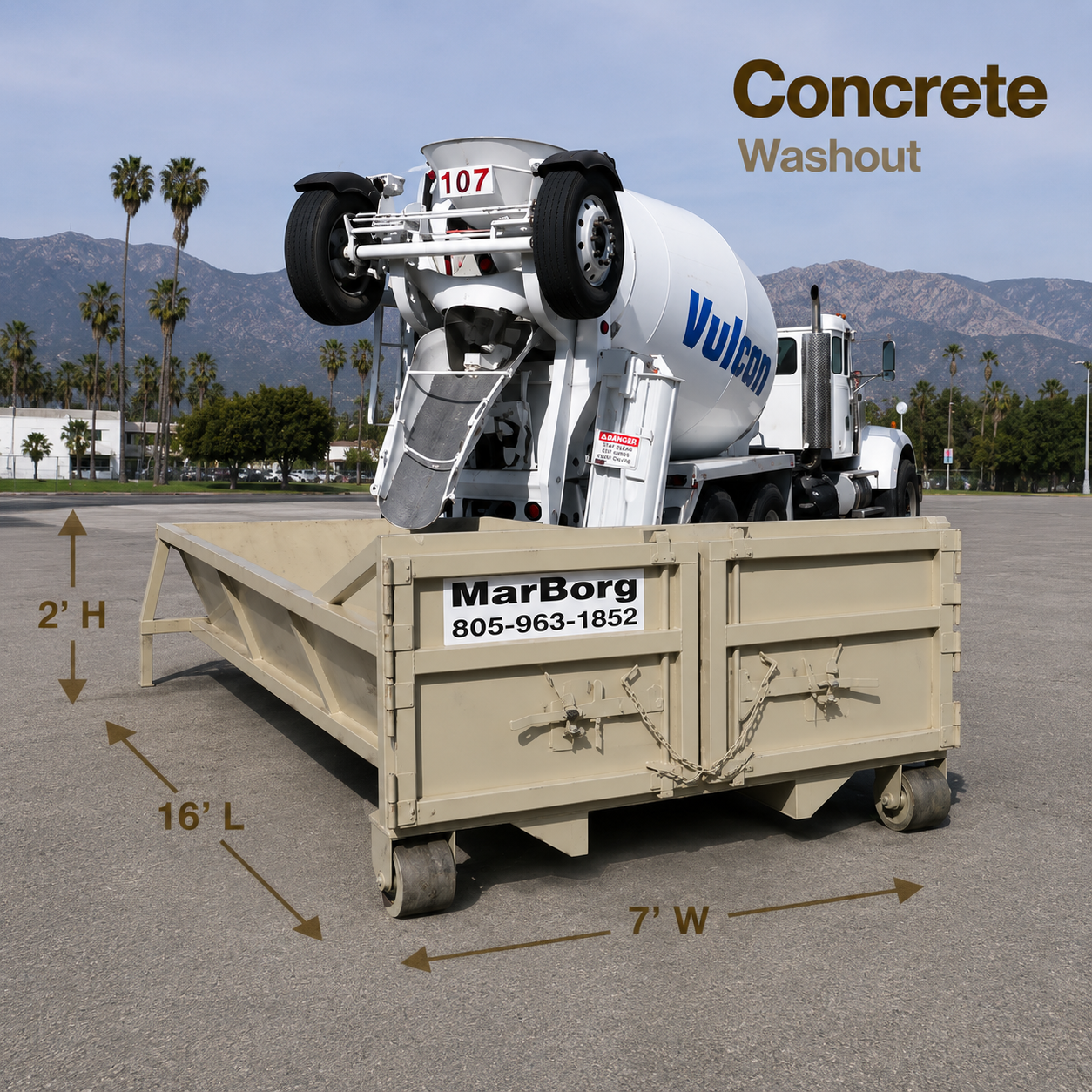 A miniature concrete washout mixer attached to a small platform with details showing its height, length, and width.