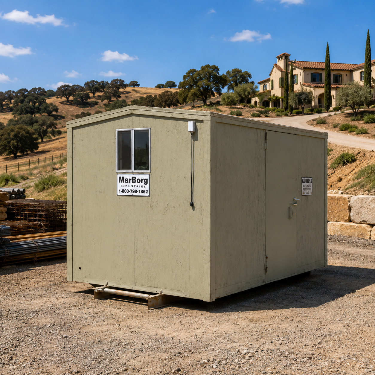 Empty site office beneath a villa style home in the hills under a blue sky