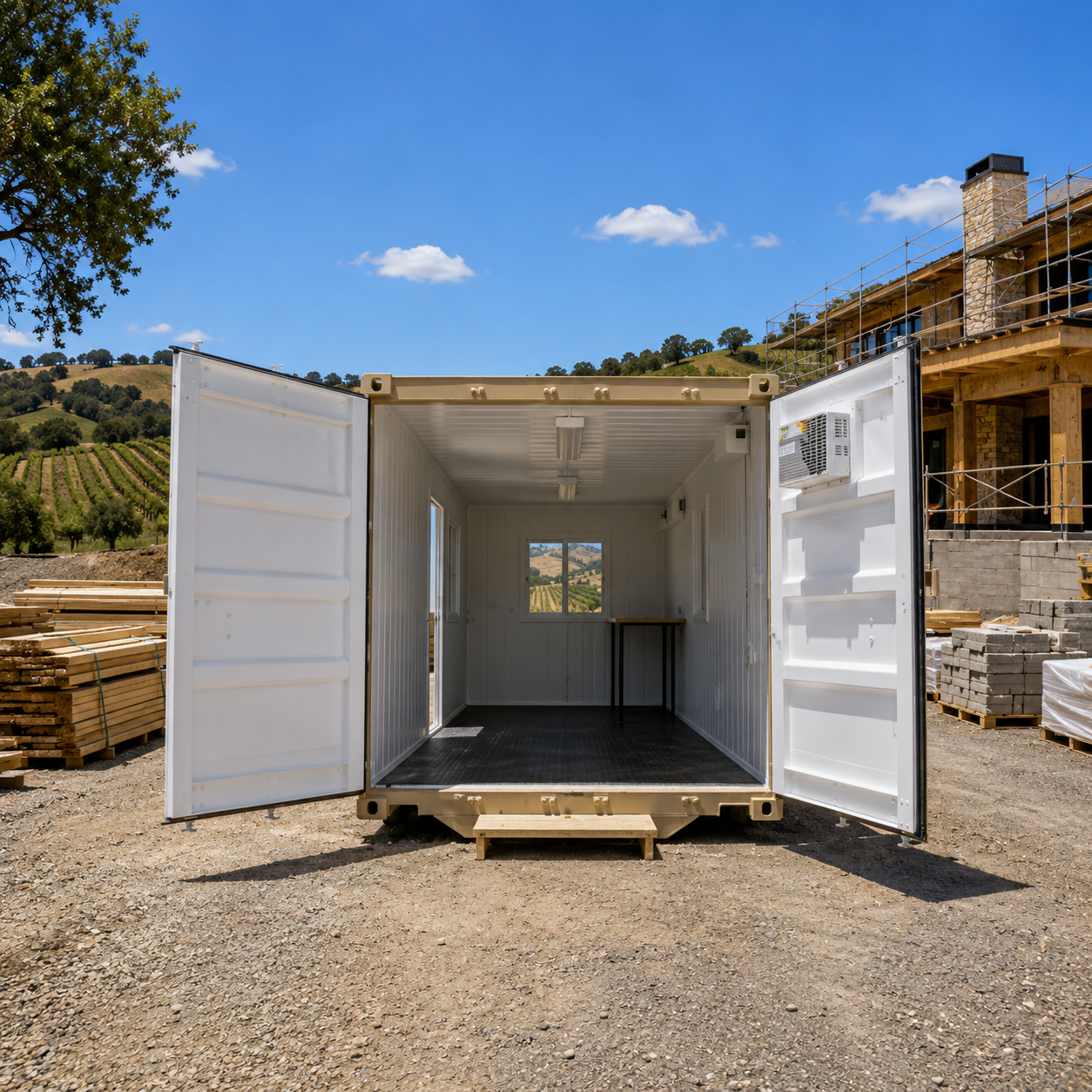 Empty white site office with open doors, set outdoors on a construction site with building materials, and a rural hillside landscape in the background.