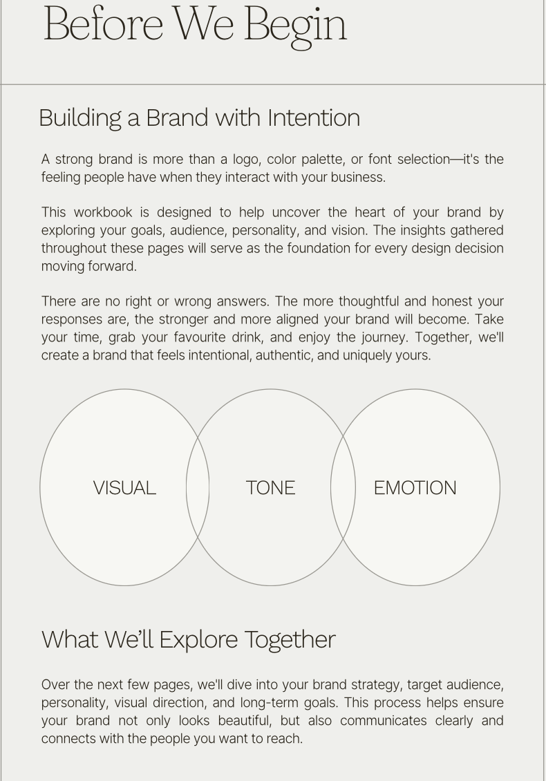 A page from a workbook titled 'Before We Begin,' discussing building a brand with intention. It explains the importance of understanding your goals, audience, personality, and vision, emphasizing that there are no right or wrong answers. The page features a Venn diagram with three circles labeled 'Visual,' 'Tone,' and 'Emotion,' and mentions exploring brand strategy, target audience, personality, visual direction, and long-term goals in upcoming pages.