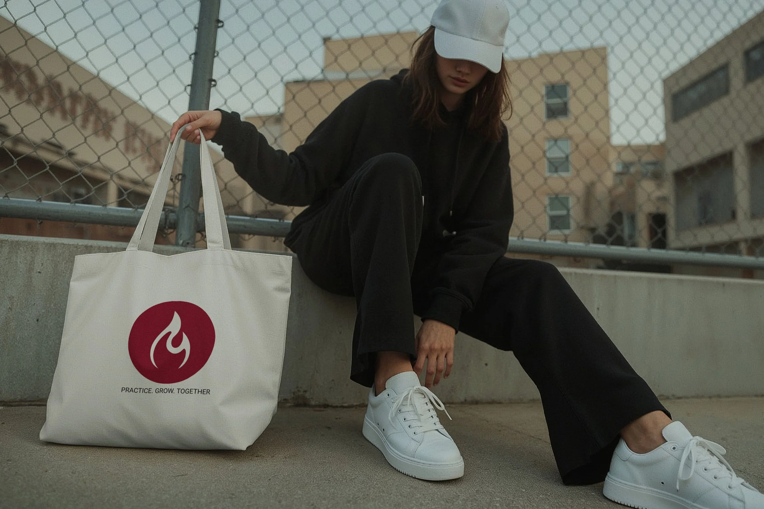 A young woman wearing a white cap, black hoodie, black pants, and white sneakers sitting on a concrete ledge in an urban outdoor setting, with a chain-link fence and buildings in the background. She has a white tote bag with a red logo next to her, inscribed with